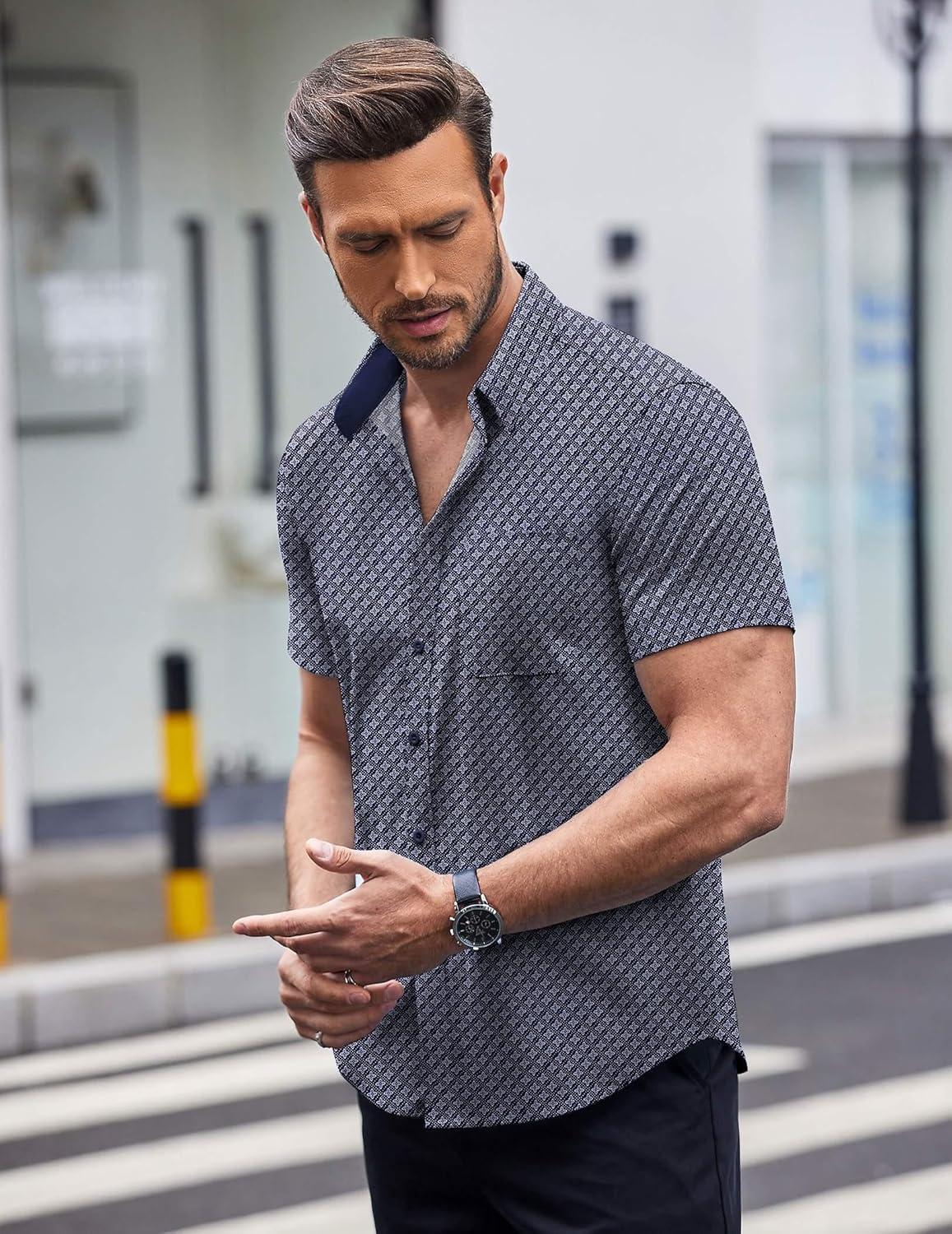 imageCOOFANDY Mens Short Sleeve Button Down Shirts Wrinkle Free Dress Shirts Casual Polka Dot Print Shirt with PocketBluewindmill