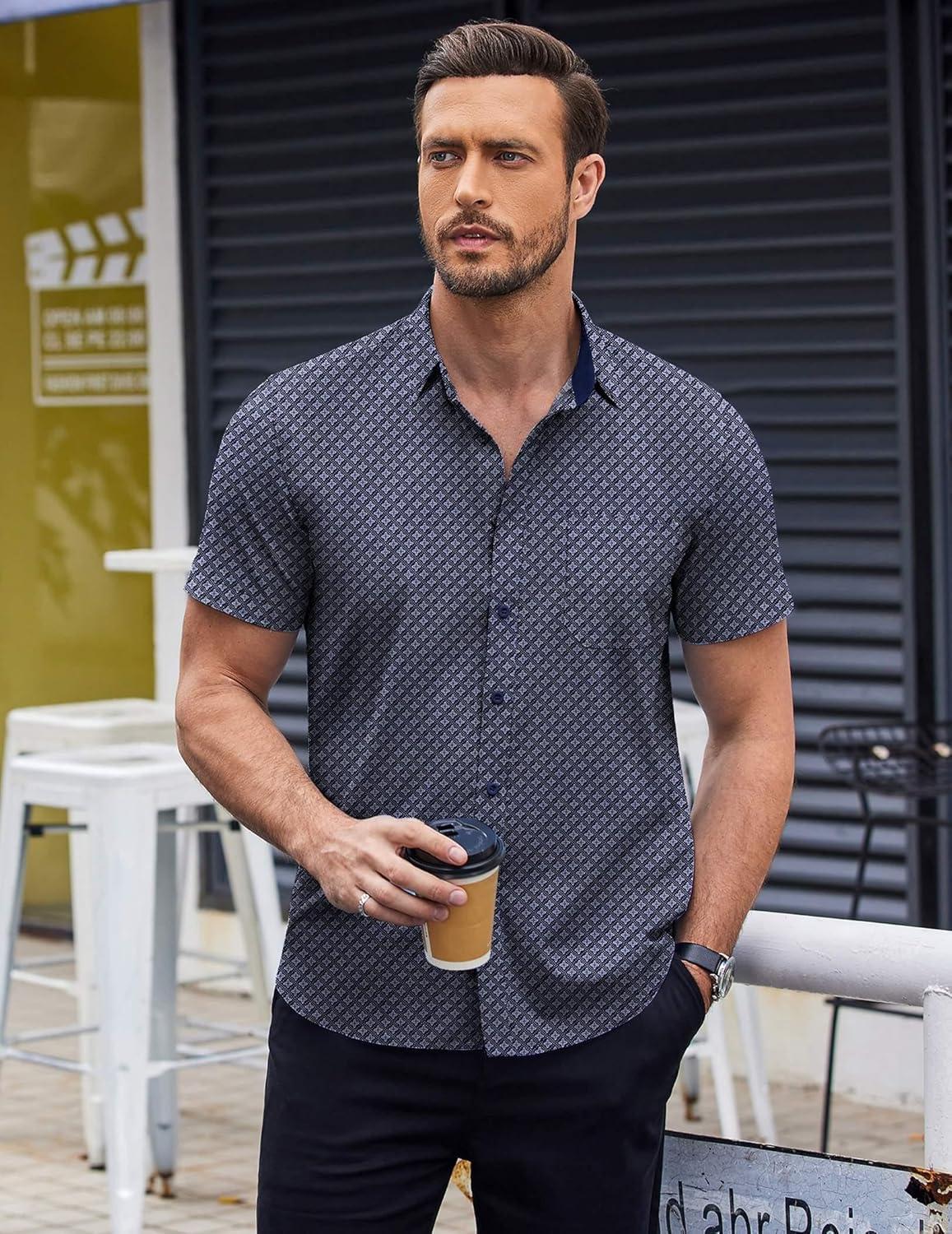 imageCOOFANDY Mens Short Sleeve Button Down Shirts Wrinkle Free Dress Shirts Casual Polka Dot Print Shirt with PocketBluewindmill