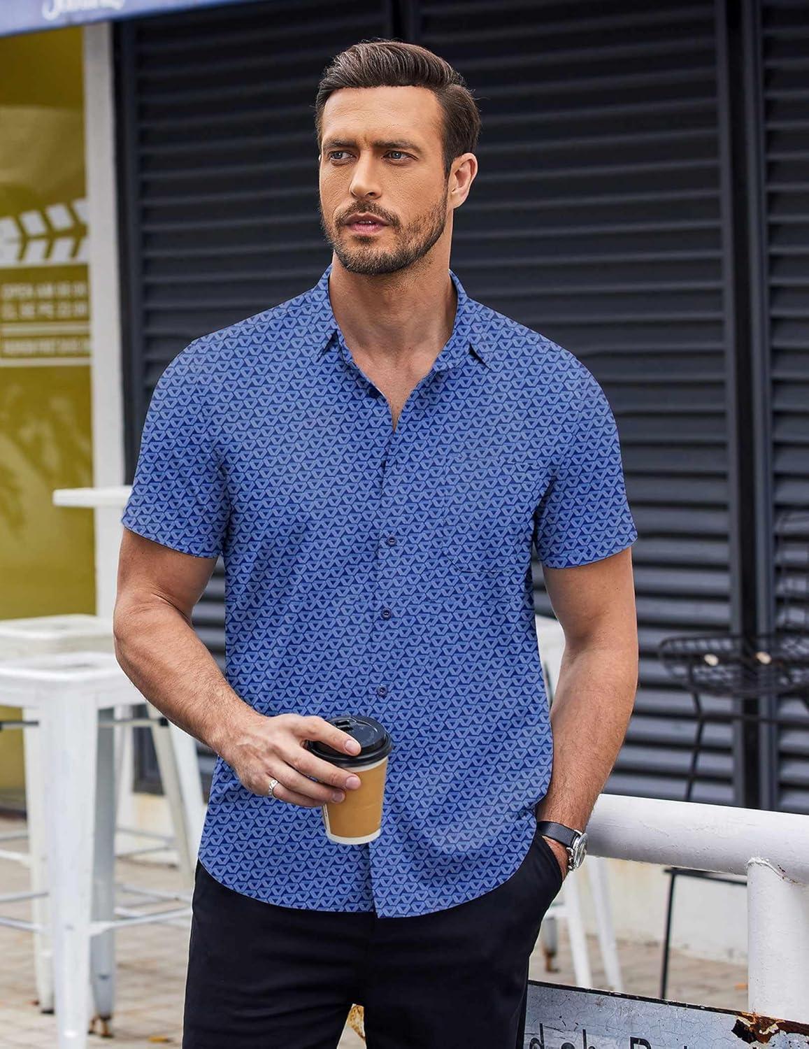 imageCOOFANDY Mens Short Sleeve Button Down Shirts Wrinkle Free Dress Shirts Casual Polka Dot Print Shirt with PocketNavytriangle