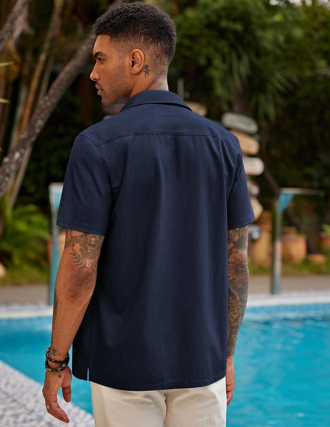 imageCOOFANDY Mens Short Sleeve Cuban Guayabera Shirt Casual Summer Beach Button Down ShirtsAnavy Blue