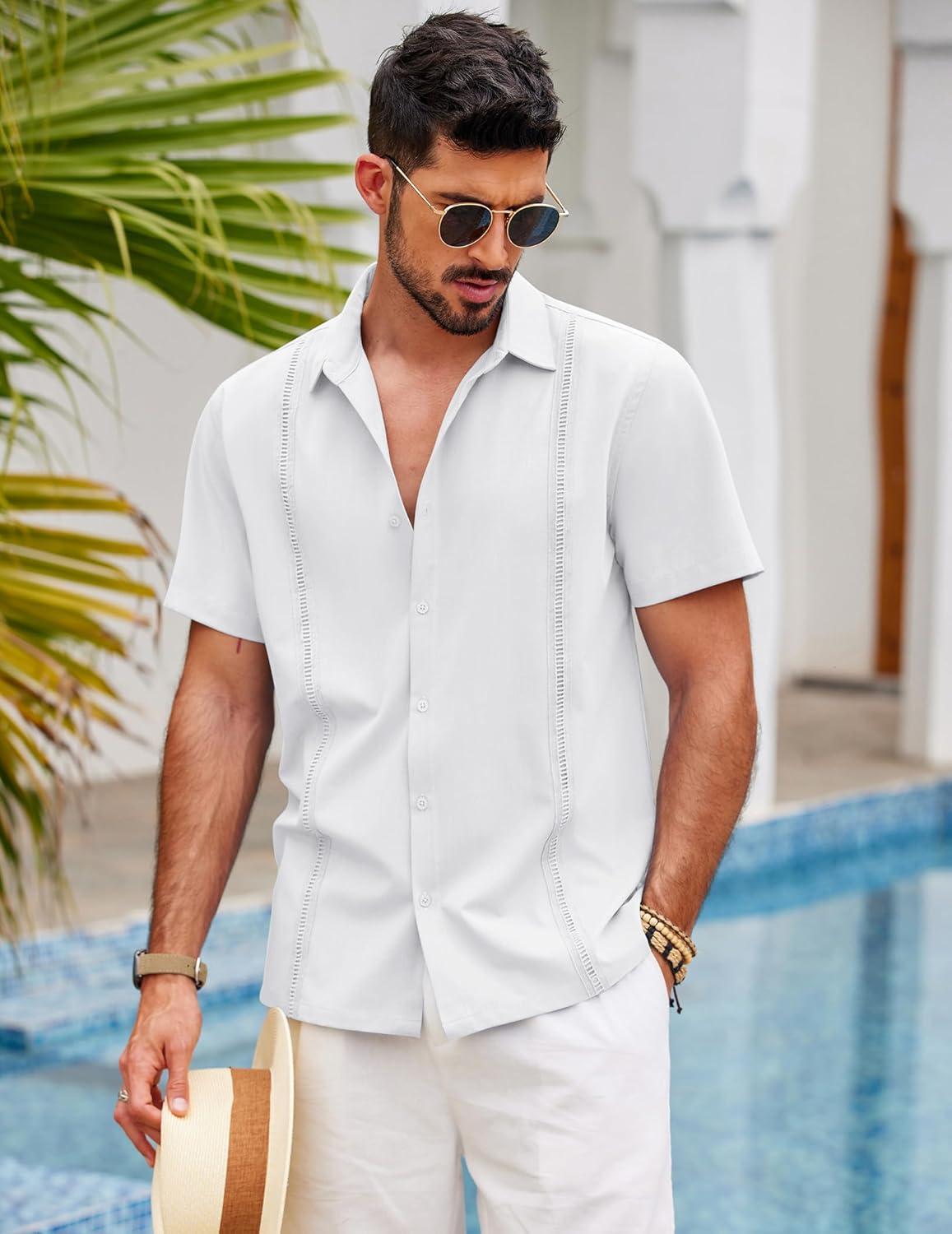 imageCOOFANDY Mens Short Sleeve Cuban Guayabera Shirt Casual Summer Beach Button Down ShirtsAwhite