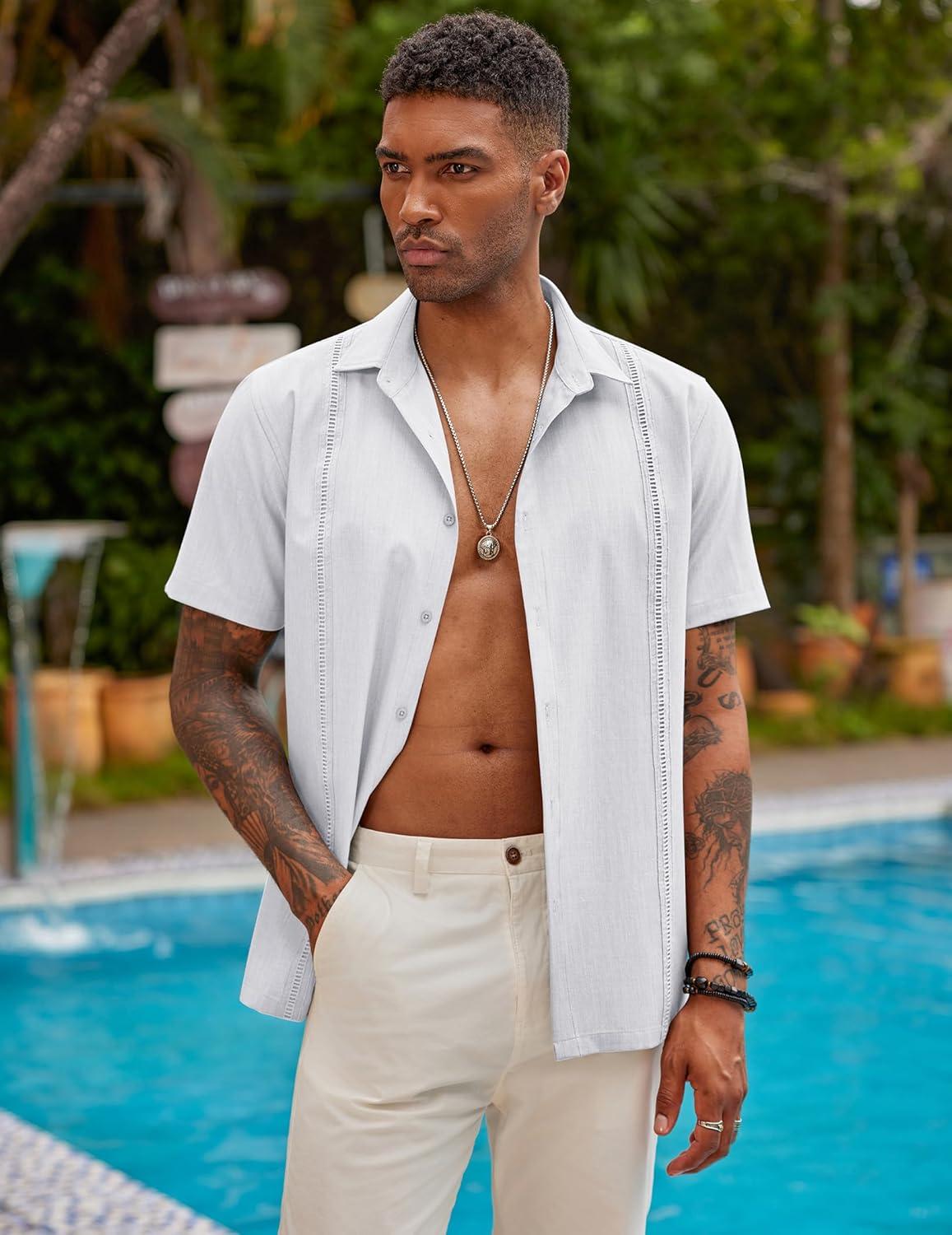 imageCOOFANDY Mens Short Sleeve Cuban Guayabera Shirt Casual Summer Beach Button Down ShirtsAwhite