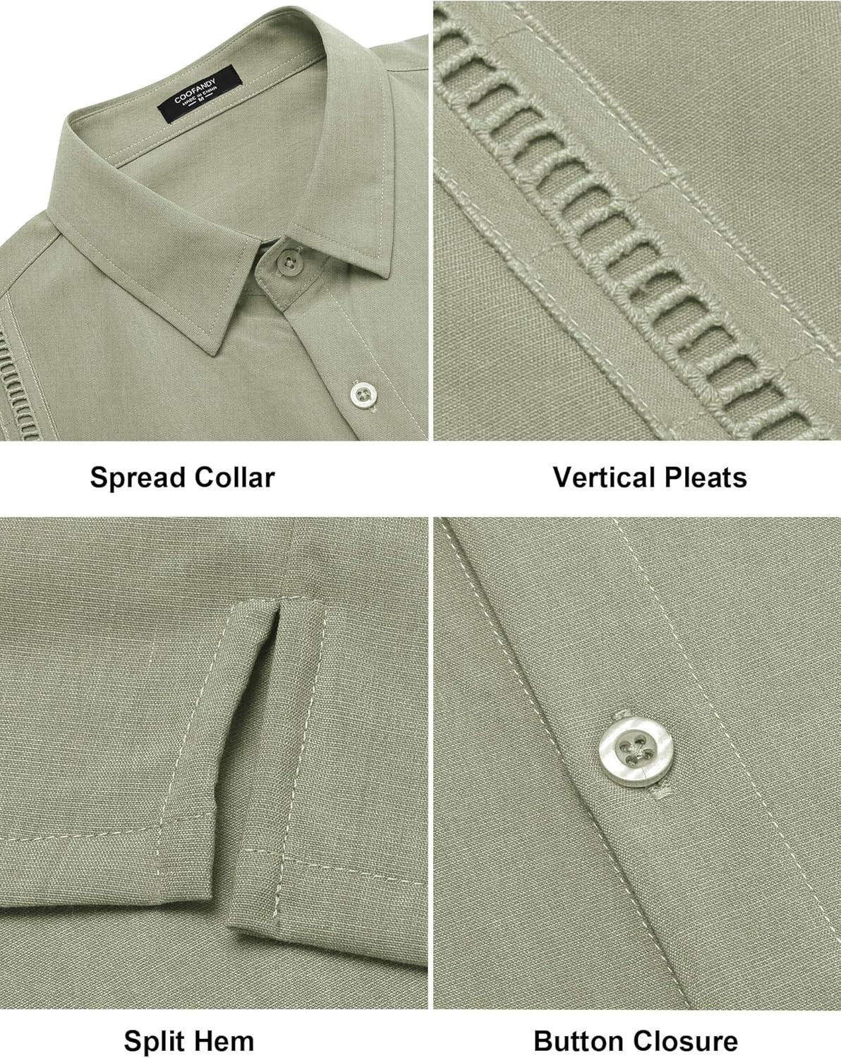 imageCOOFANDY Mens Short Sleeve Cuban Guayabera Shirt Casual Summer Beach Button Down ShirtsLight Green