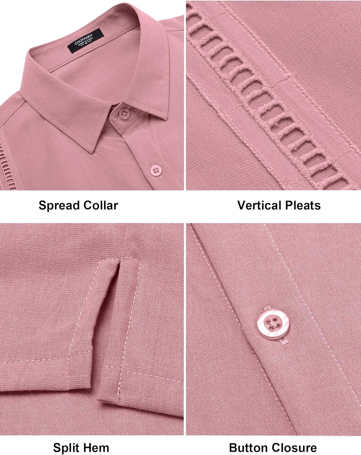imageCOOFANDY Mens Short Sleeve Cuban Guayabera Shirt Casual Summer Beach Button Down ShirtsLight Pink