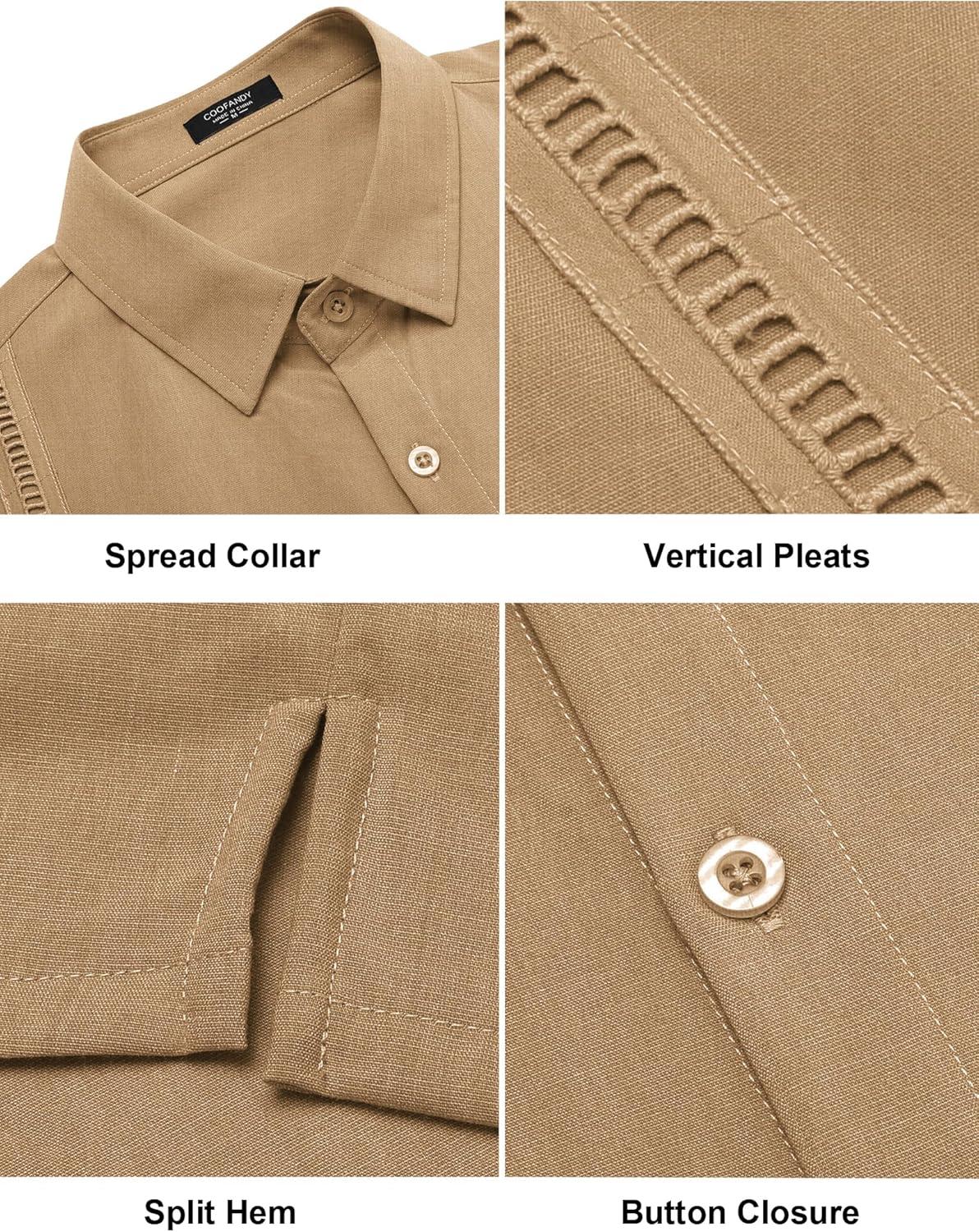 imageCOOFANDY Mens Short Sleeve Cuban Guayabera Shirt Casual Summer Beach Button Down ShirtsLight Tan