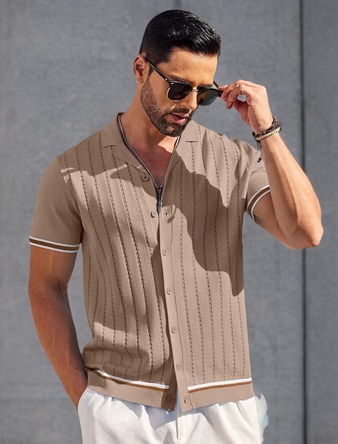 imageCOOFANDY Mens Short Sleeve Knit Shirt Casual Button Down Shirt Vintage Striped Knitted Golf Beach TopsDark Beige