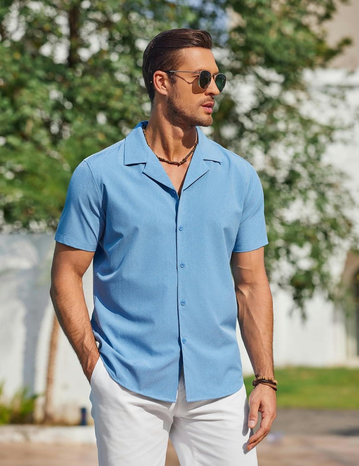 imageCOOFANDY Mens Short Sleeve Shirts Casual Button Down Shirts Cuban Textured Summer Beach ShirtsBlue