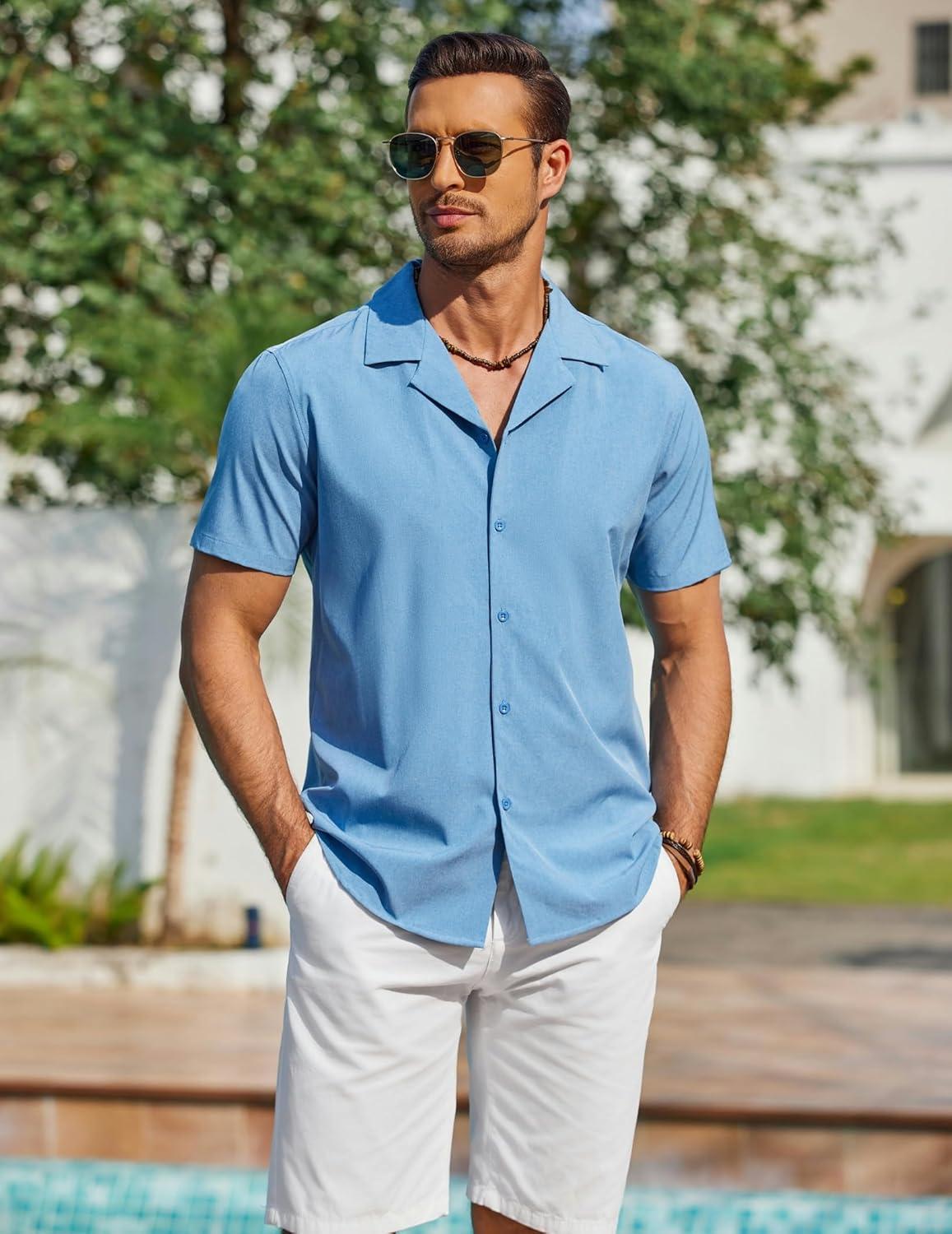 imageCOOFANDY Mens Short Sleeve Shirts Casual Button Down Shirts Cuban Textured Summer Beach ShirtsBlue