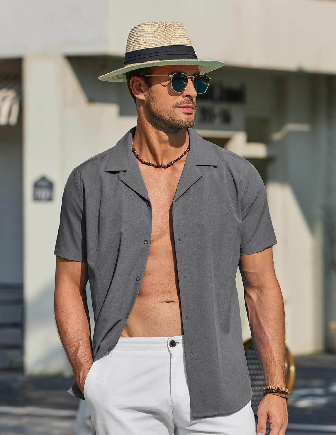 imageCOOFANDY Mens Short Sleeve Shirts Casual Button Down Shirts Cuban Textured Summer Beach ShirtsGrey