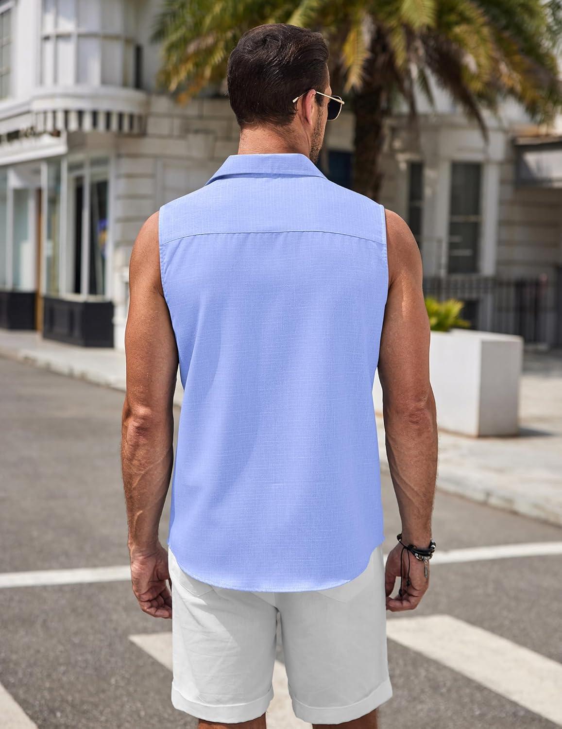 imageCOOFANDY Mens Sleeveless Button Down Beach Shirts Casual Summer Tank Tops Collared Imitation Linen Tank ShirtBright Blue