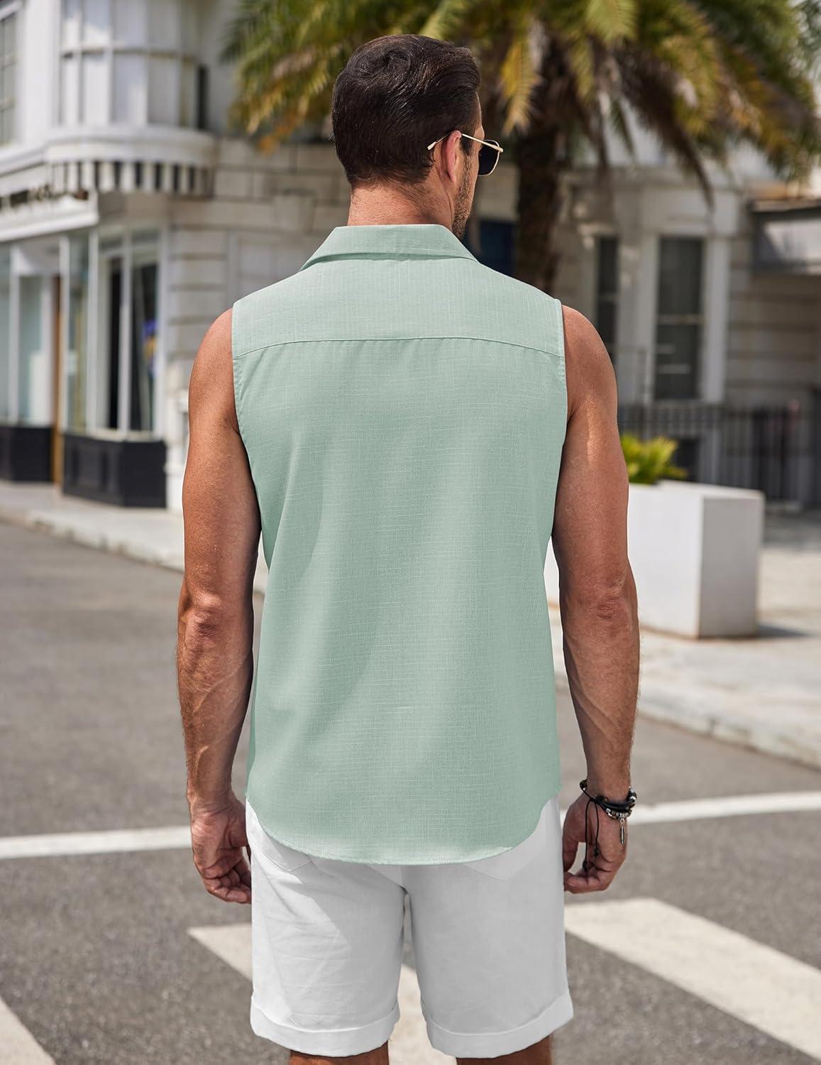 imageCOOFANDY Mens Sleeveless Button Down Beach Shirts Casual Summer Tank Tops Collared Imitation Linen Tank ShirtLight Green