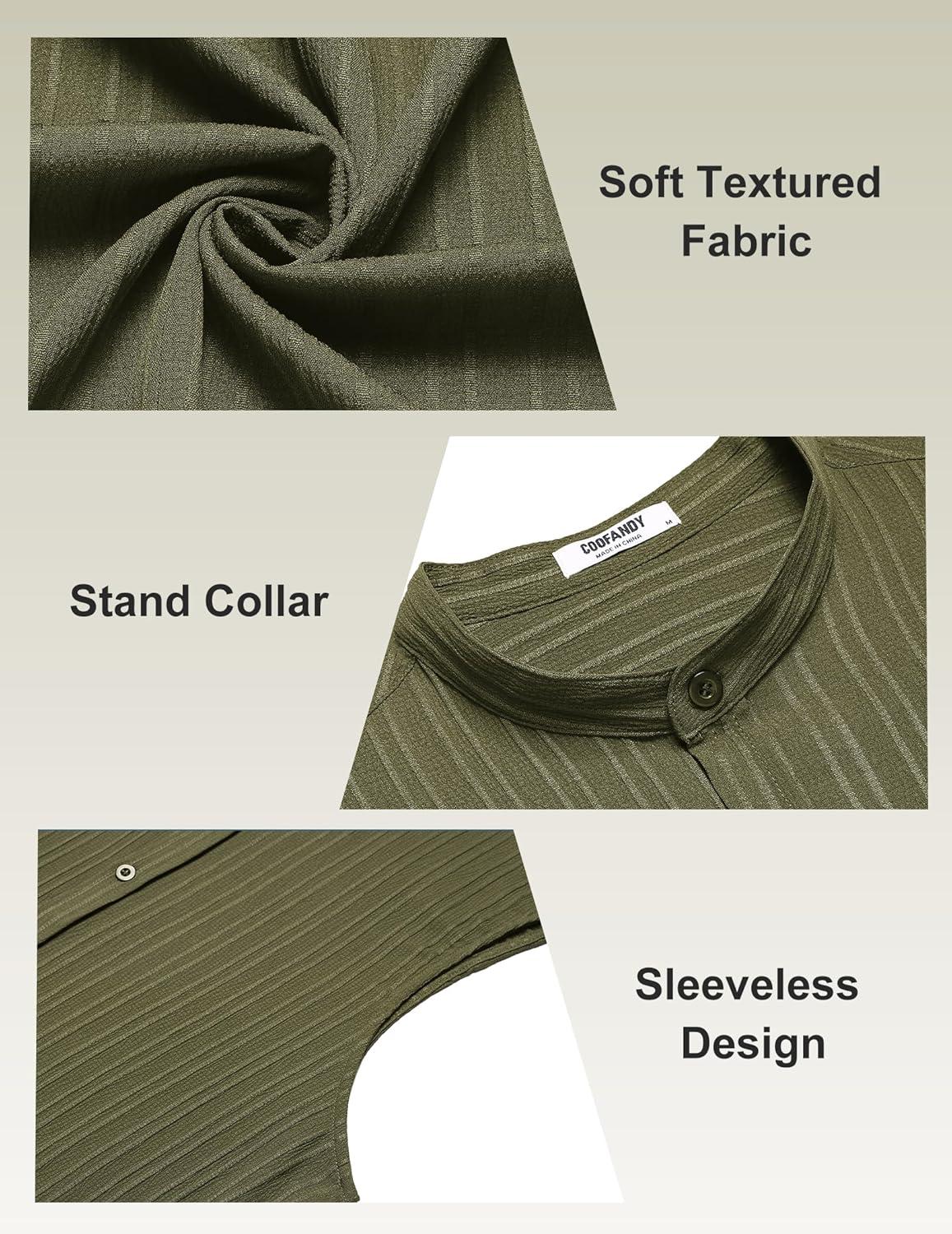 imageCOOFANDY Mens Sleeveless Summer Shirts Beach Tank Tops Button Up Textured Tank Shirt for VacationArmy Green