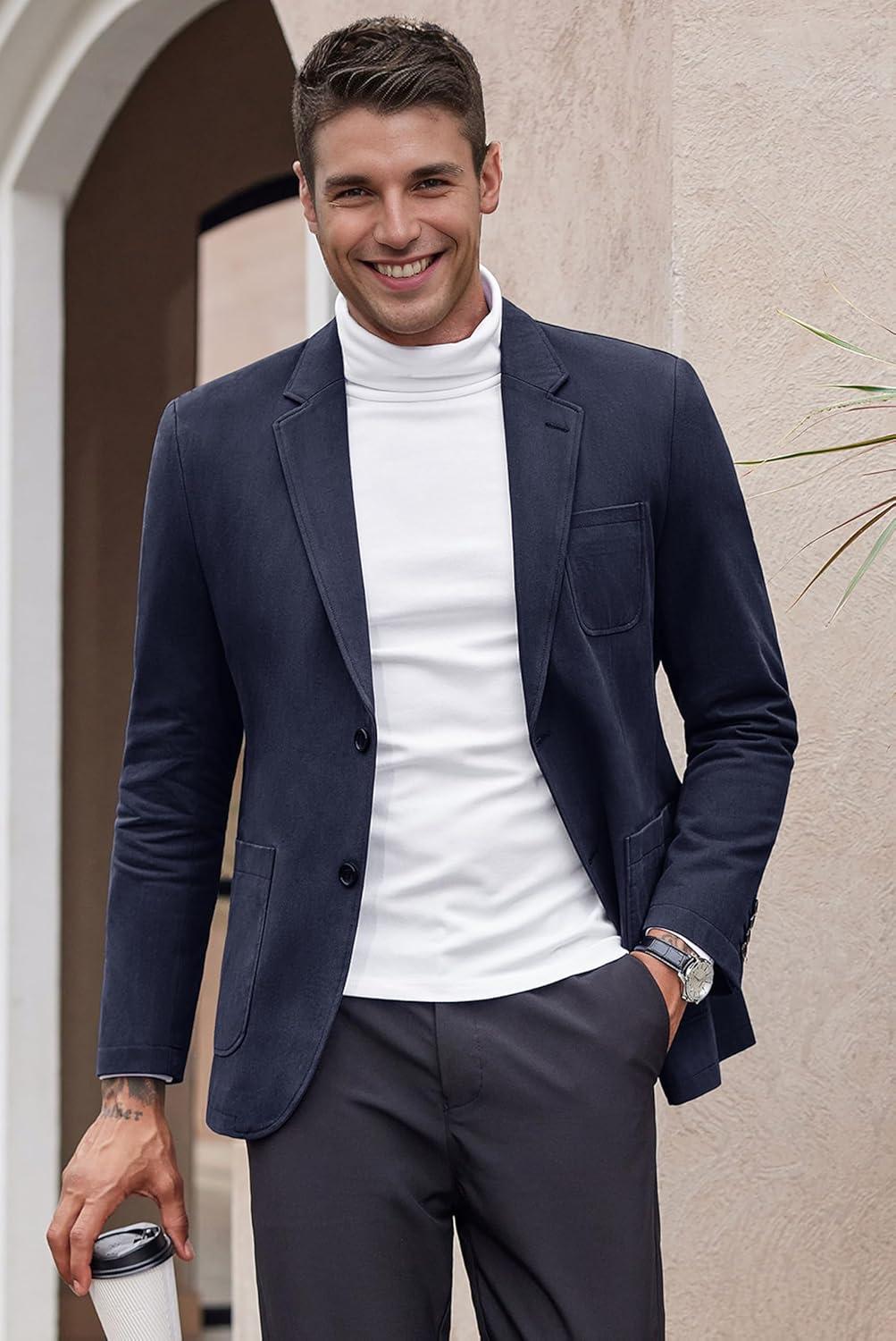 imageCOOFANDY Mens Smart Wash Blazer Regular Fit Cotton Sport Coat Casual Suit JacketNavy Blue