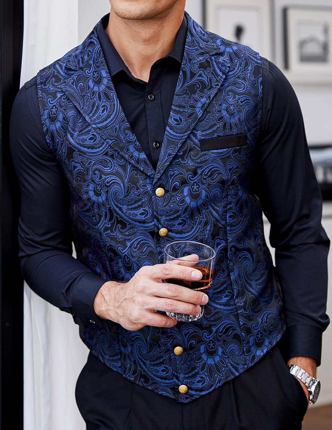 imageCOOFANDY Mens Suit Vest Paisley Floral Victorian Vests Gothic Steampunk Formal Waistcoat Tuxedo Vests with Notched LapelsBlue