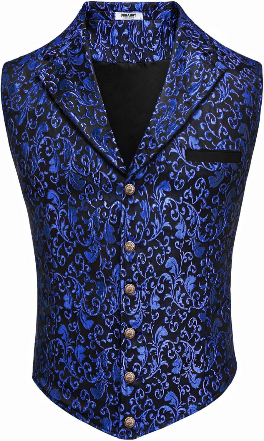 imageCOOFANDY Mens Suit Vest Paisley Floral Victorian Vests Gothic Steampunk Formal Waistcoat Tuxedo Vests with Notched LapelsBlue Filigree