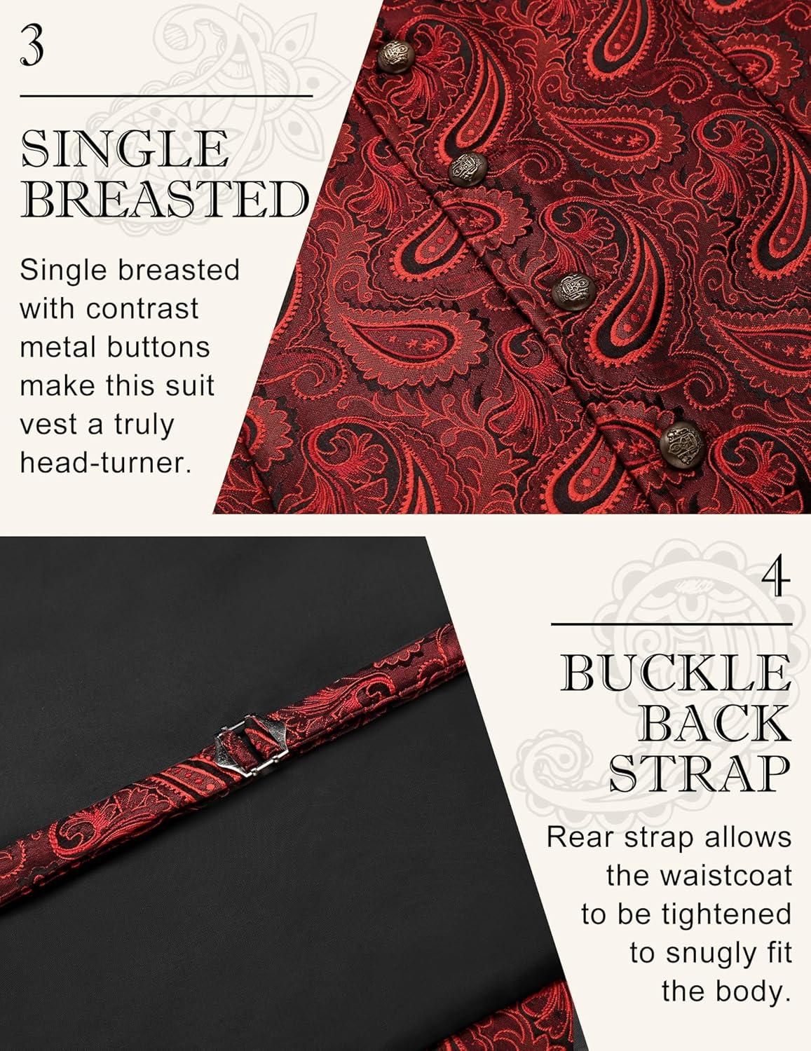 imageCOOFANDY Mens Suit Vest Paisley Floral Victorian Vests Gothic Steampunk Formal Waistcoat Tuxedo Vests with Notched LapelsBright Red Paisley