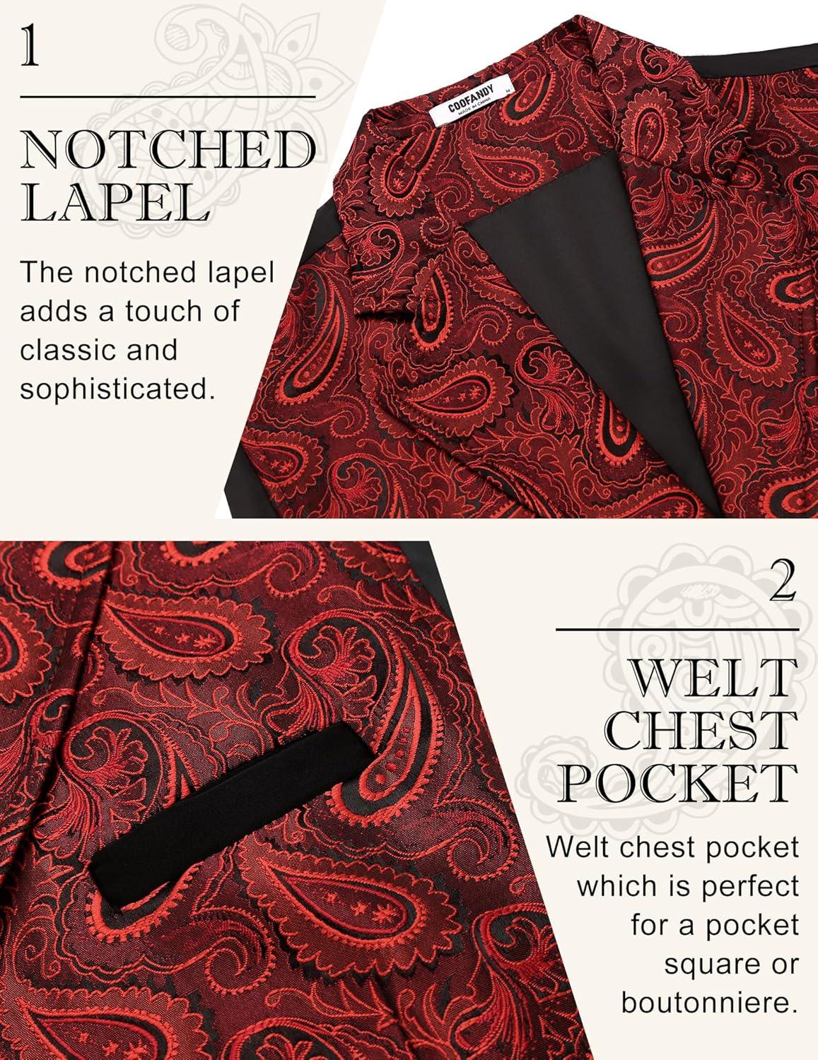 imageCOOFANDY Mens Suit Vest Paisley Floral Victorian Vests Gothic Steampunk Formal Waistcoat Tuxedo Vests with Notched LapelsBright Red Paisley