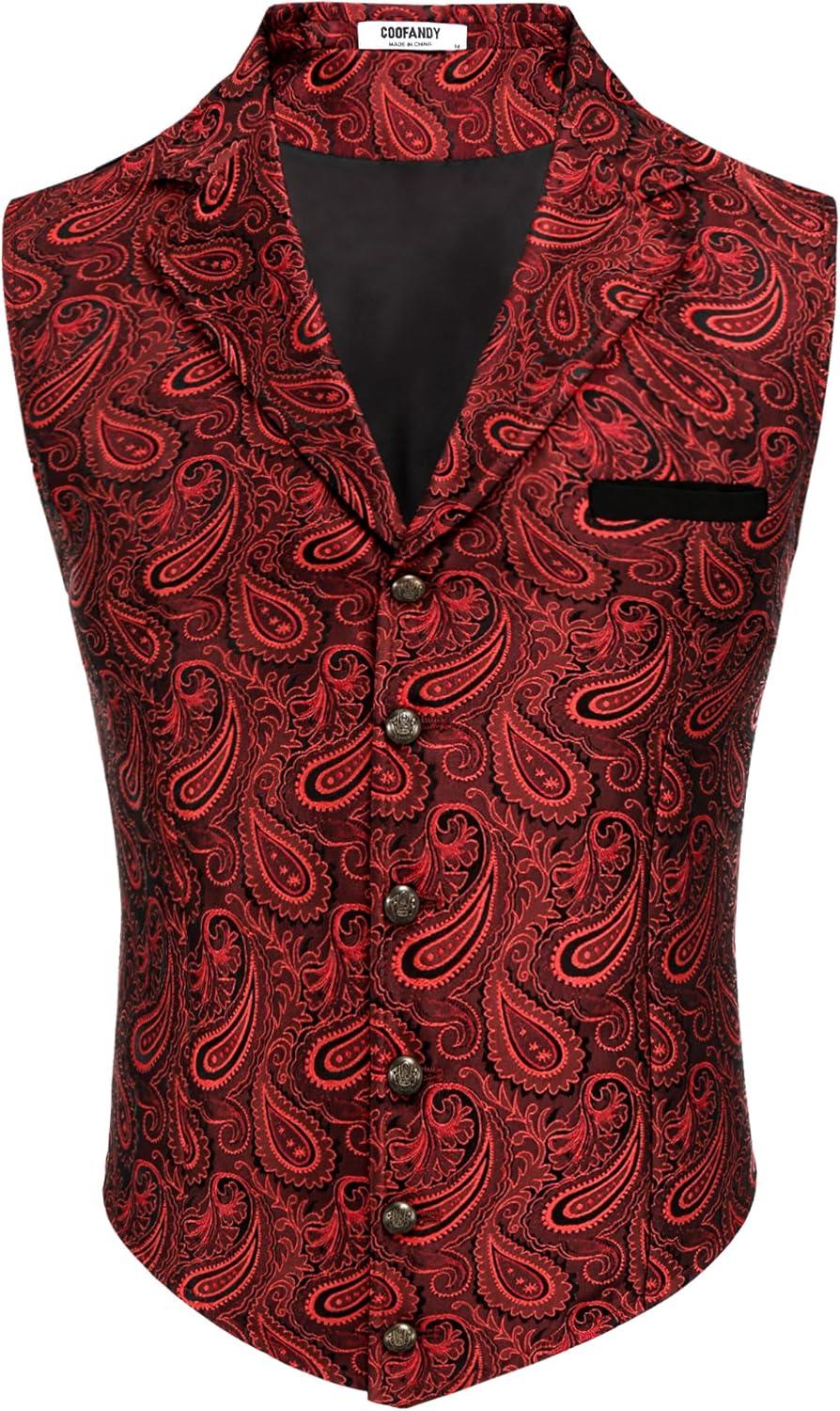 imageCOOFANDY Mens Suit Vest Paisley Floral Victorian Vests Gothic Steampunk Formal Waistcoat Tuxedo Vests with Notched LapelsBright Red Paisley