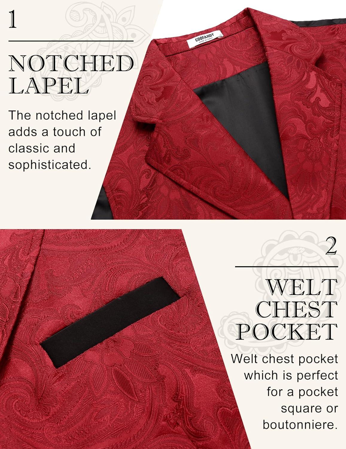 imageCOOFANDY Mens Suit Vest Paisley Floral Victorian Vests Gothic Steampunk Formal Waistcoat Tuxedo Vests with Notched LapelsBurgundy