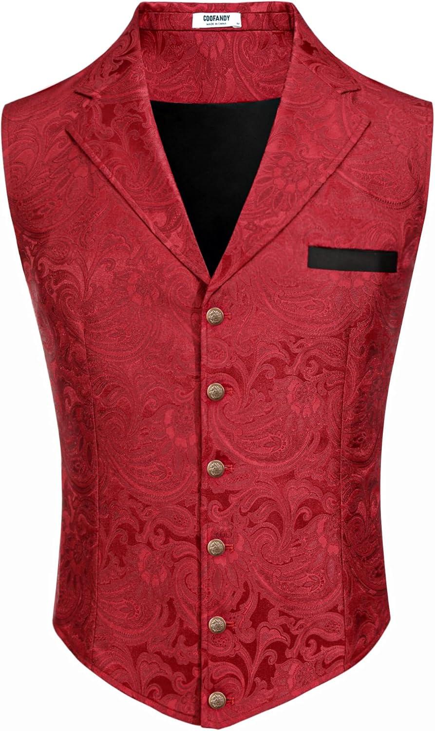 imageCOOFANDY Mens Suit Vest Paisley Floral Victorian Vests Gothic Steampunk Formal Waistcoat Tuxedo Vests with Notched LapelsBurgundy