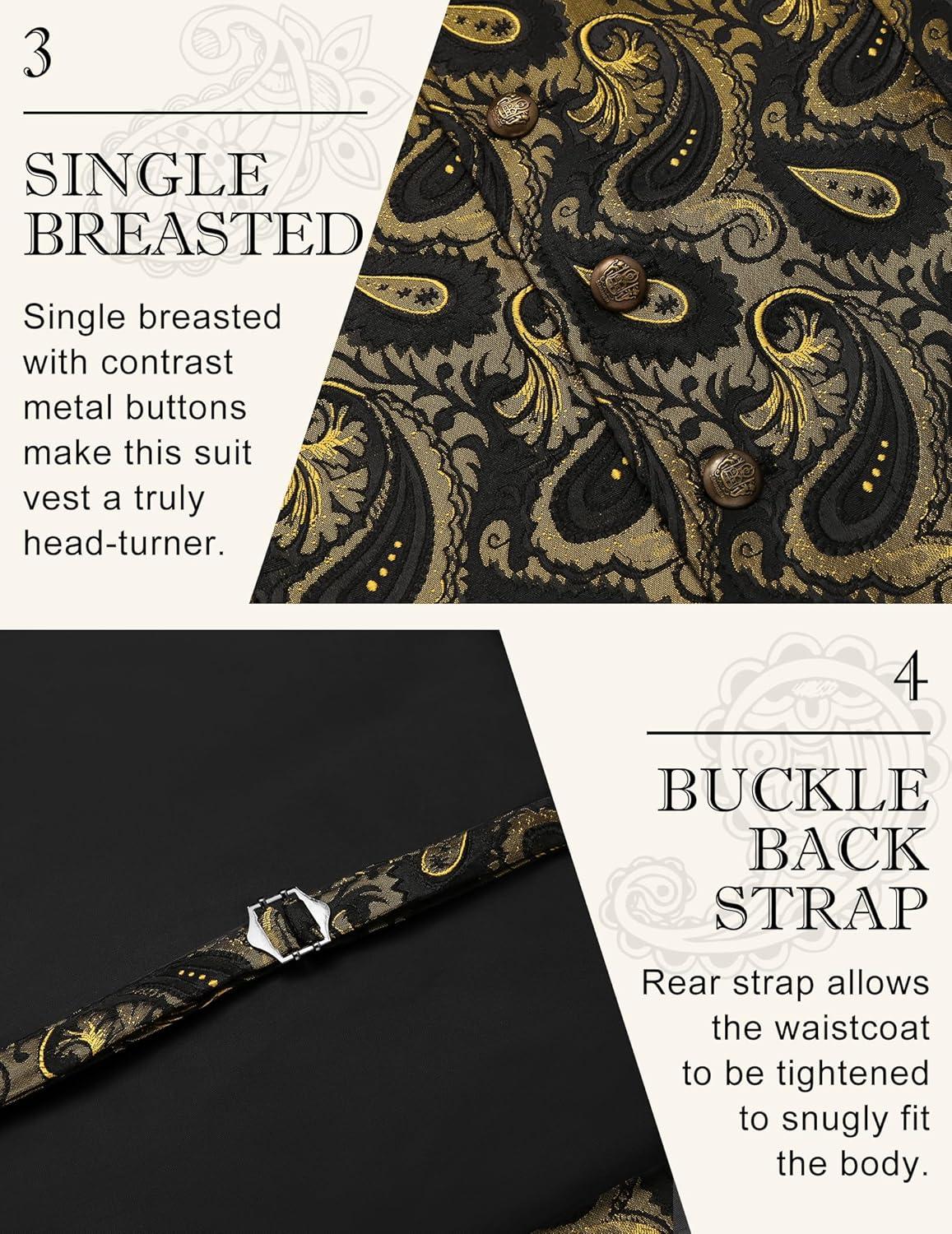 imageCOOFANDY Mens Suit Vest Paisley Floral Victorian Vests Gothic Steampunk Formal Waistcoat Tuxedo Vests with Notched LapelsGold Paisley