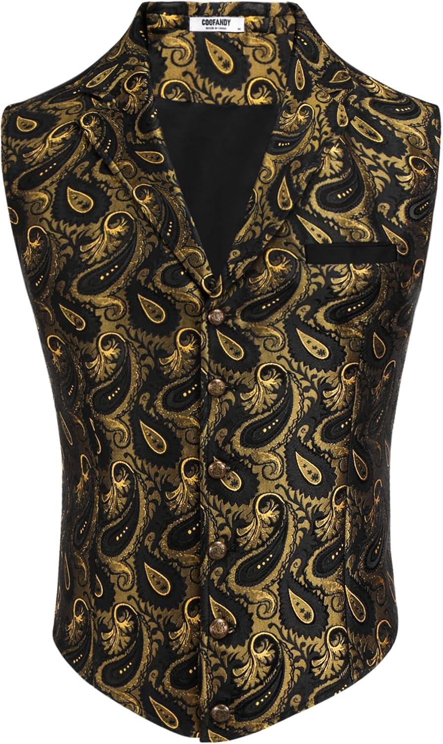 imageCOOFANDY Mens Suit Vest Paisley Floral Victorian Vests Gothic Steampunk Formal Waistcoat Tuxedo Vests with Notched LapelsGold Paisley