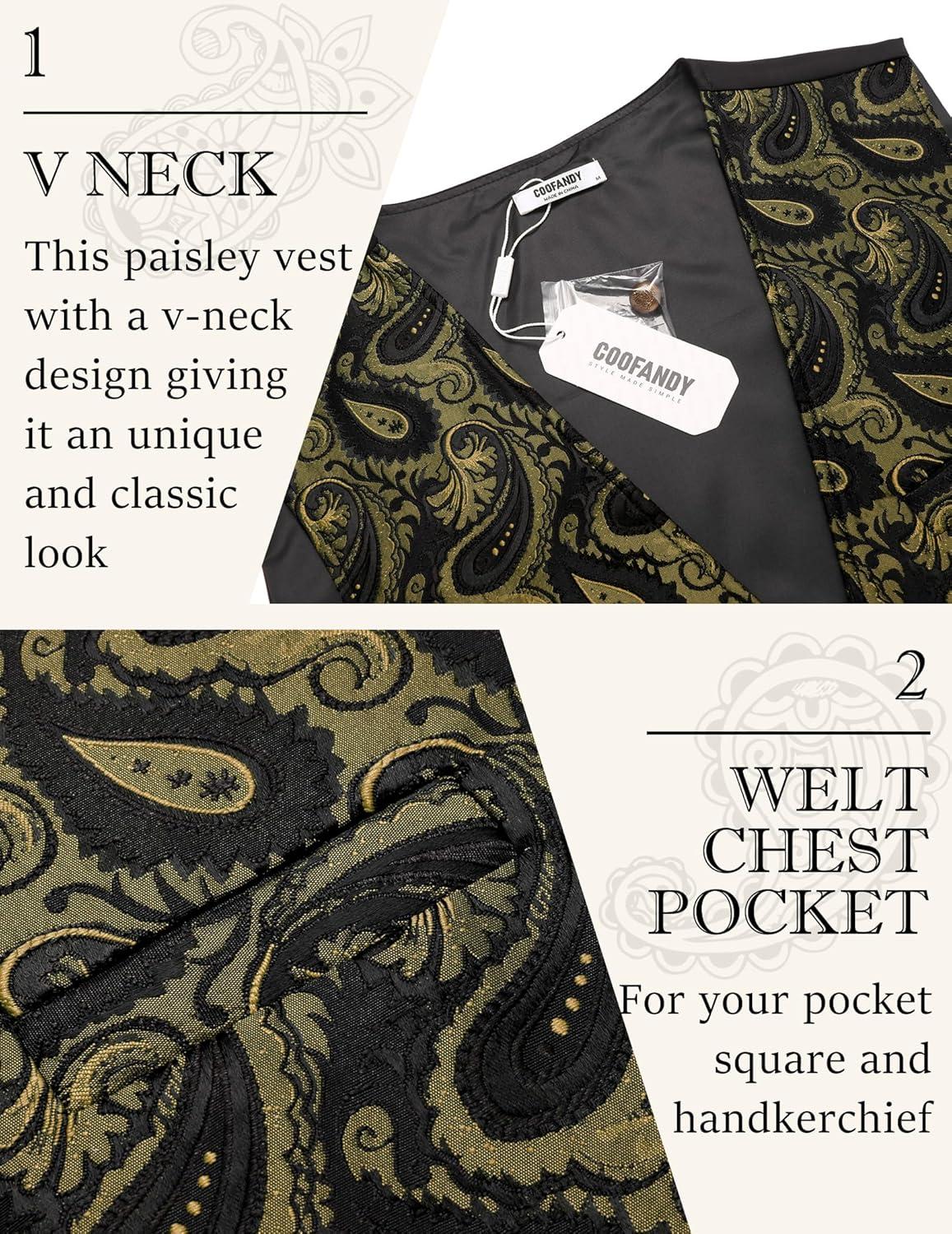 imageCOOFANDY Mens Suit Vest Paisley Floral Victorian Vests Gothic Steampunk Formal Waistcoat Tuxedo Vests with Notched LapelsGolden Paisley