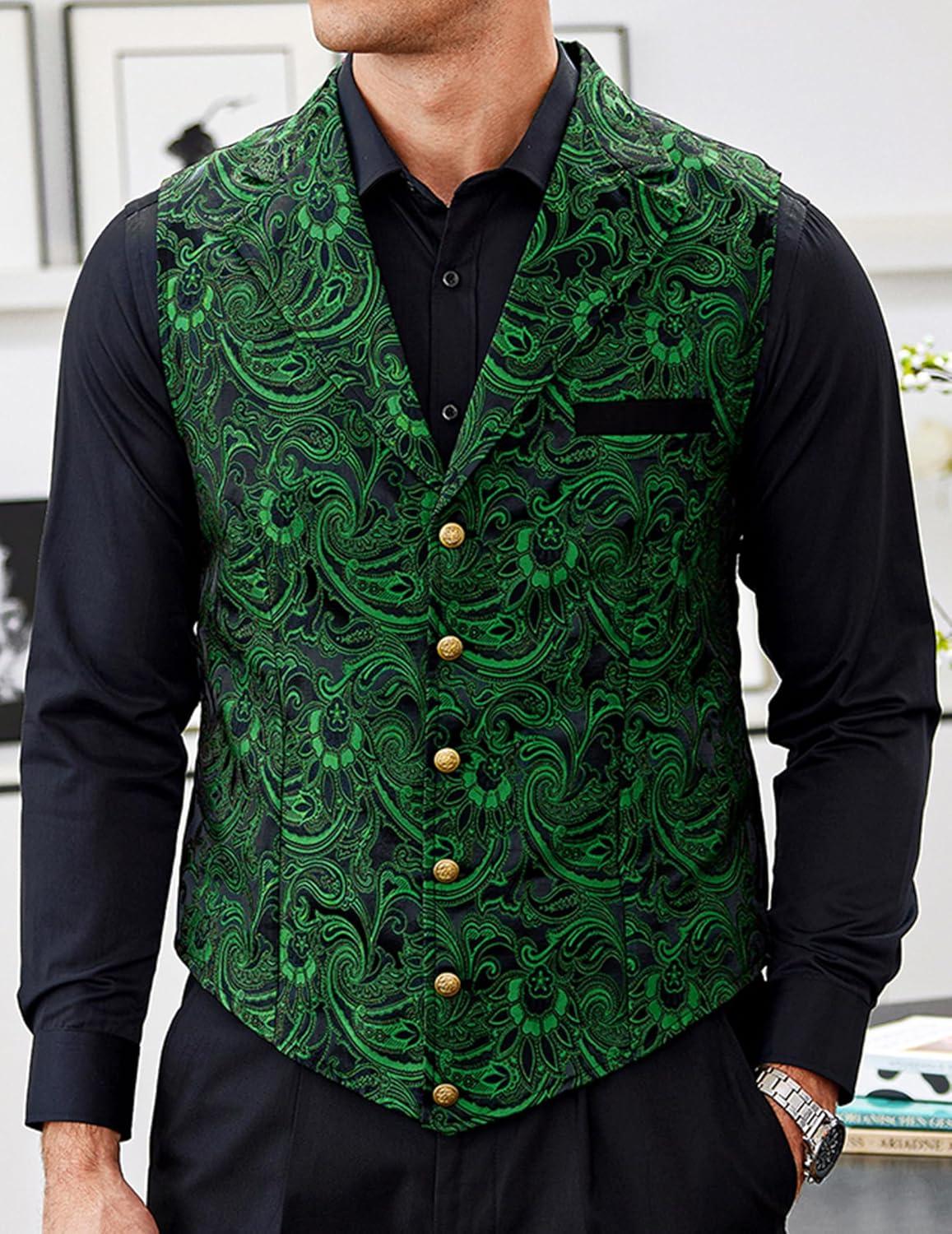 imageCOOFANDY Mens Suit Vest Paisley Floral Victorian Vests Gothic Steampunk Formal Waistcoat Tuxedo Vests with Notched LapelsGreen