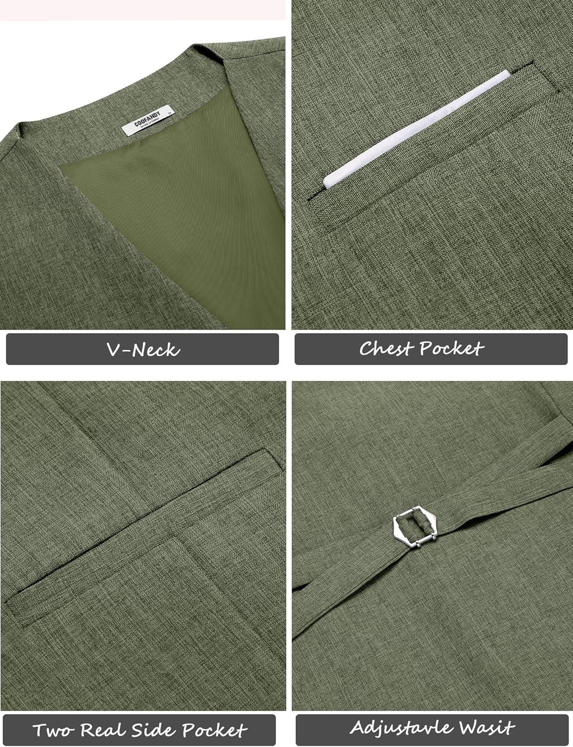 imageCOOFANDY Mens Suit Vest Slim Fit Casual Business Vests Lightweight VNeck Formal Dress Waistcoat for Wedding PromArmy Green