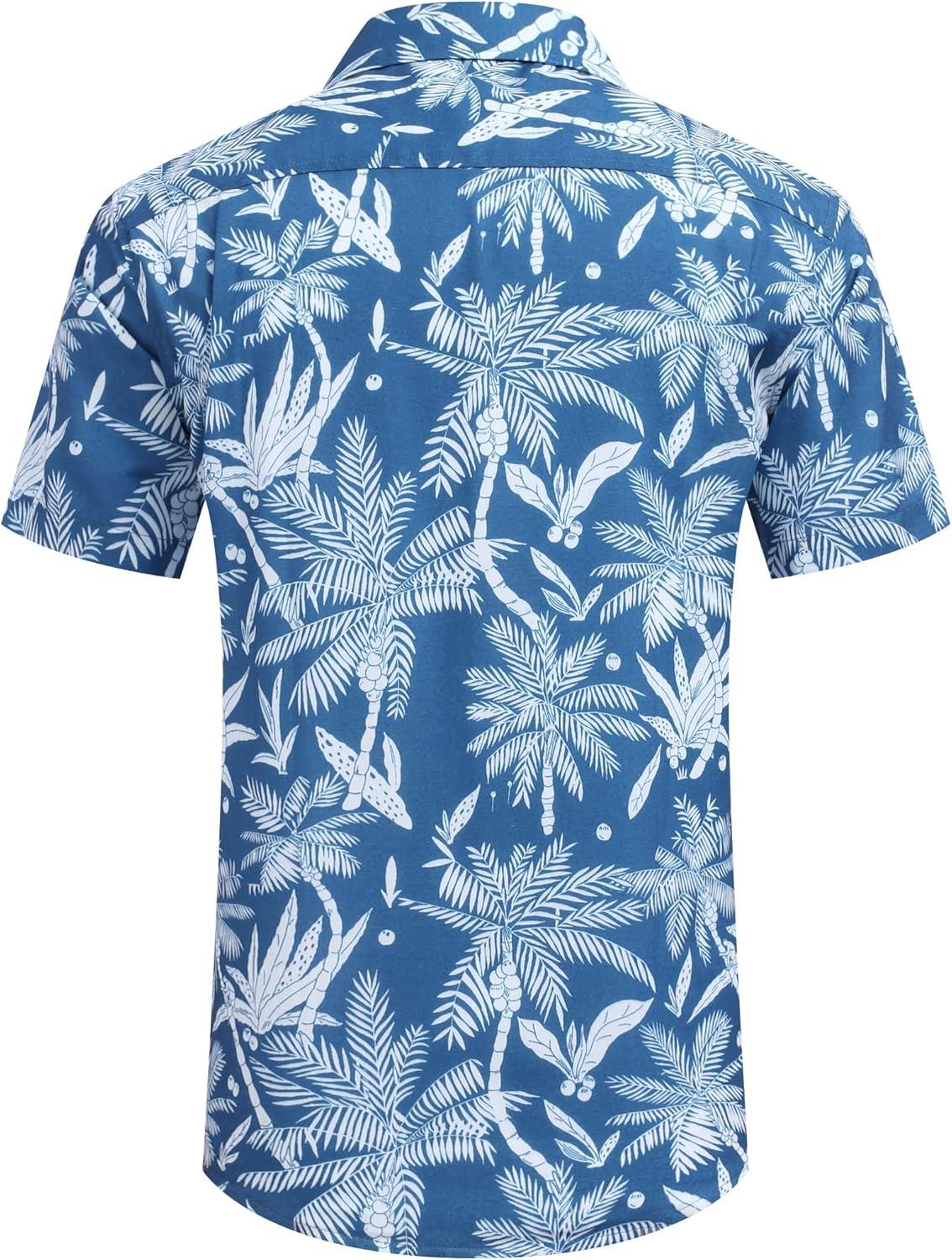 imageCOOFANDY Mens Summer Beach Vacation Shirt Casual Button Down Short Sleeve Shirt Hawaiian Tropical Resort WearBlue White Plam Leaf