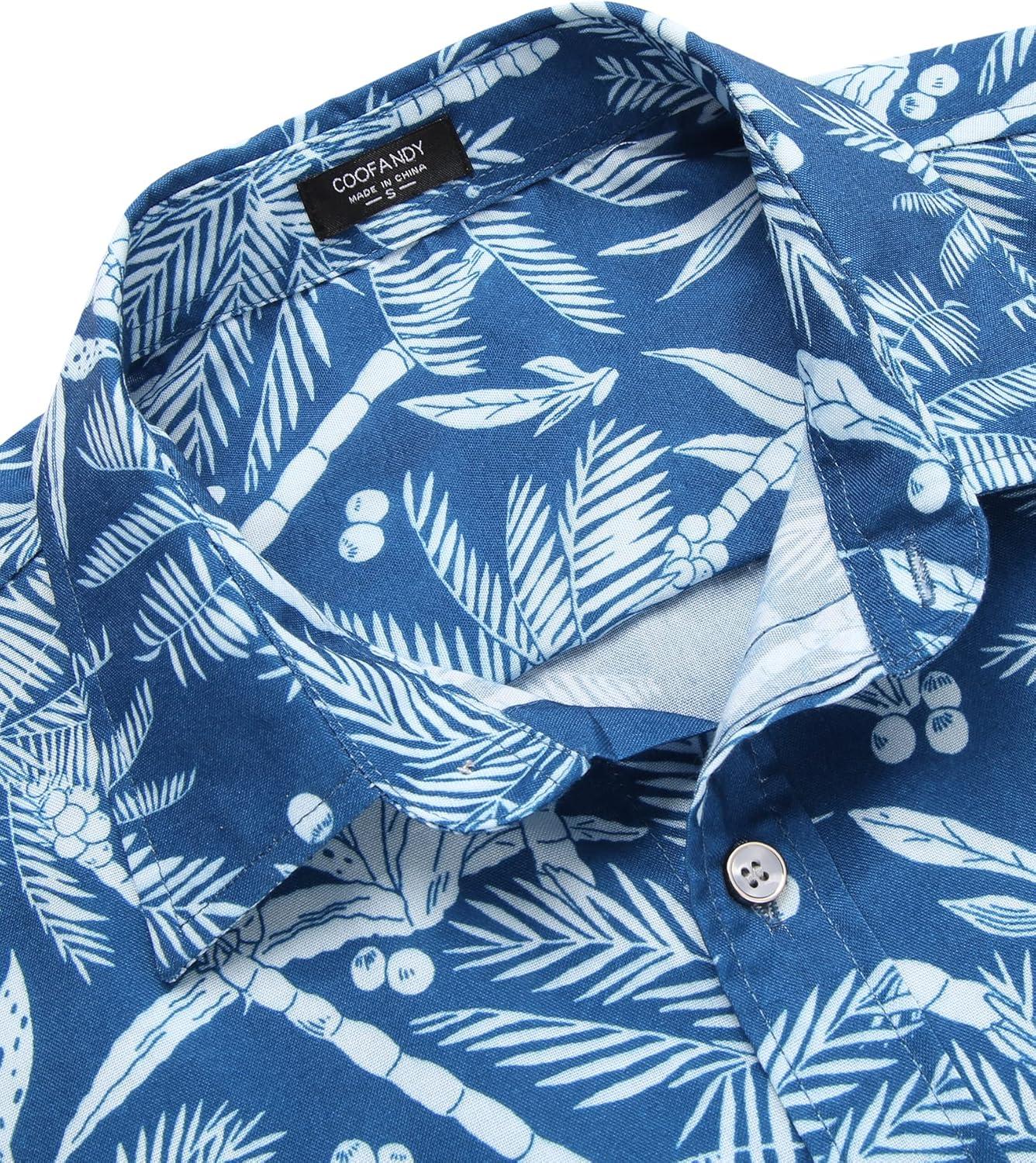 imageCOOFANDY Mens Summer Beach Vacation Shirt Casual Button Down Short Sleeve Shirt Hawaiian Tropical Resort WearBlue White Plam Leaf