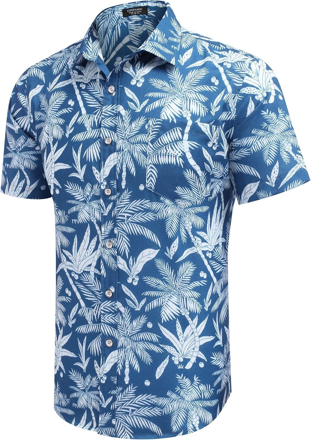 imageCOOFANDY Mens Summer Beach Vacation Shirt Casual Button Down Short Sleeve Shirt Hawaiian Tropical Resort WearBlue White Plam Leaf