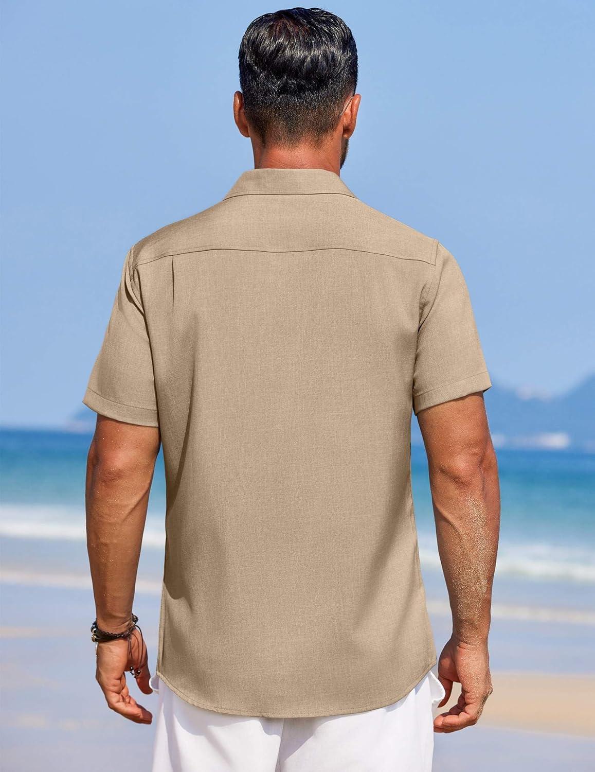 imageCOOFANDY Mens Summer Beach Vacation Shirt Casual Button Down Short Sleeve Shirt Hawaiian Tropical Resort WearKhaki