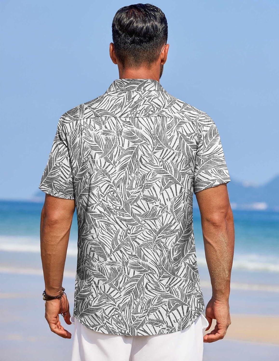 imageCOOFANDY Mens Summer Beach Vacation Shirt Casual Button Down Short Sleeve Shirt Hawaiian Tropical Resort WearPalm Leavesgrey Blue
