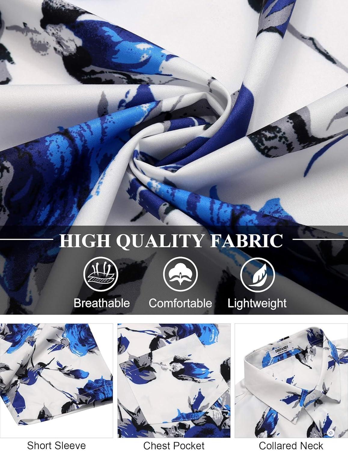 imageCOOFANDY Mens Summer Beach Vacation Shirt Casual Button Down Short Sleeve Shirt Hawaiian Tropical Resort WearWhite Blue Roses