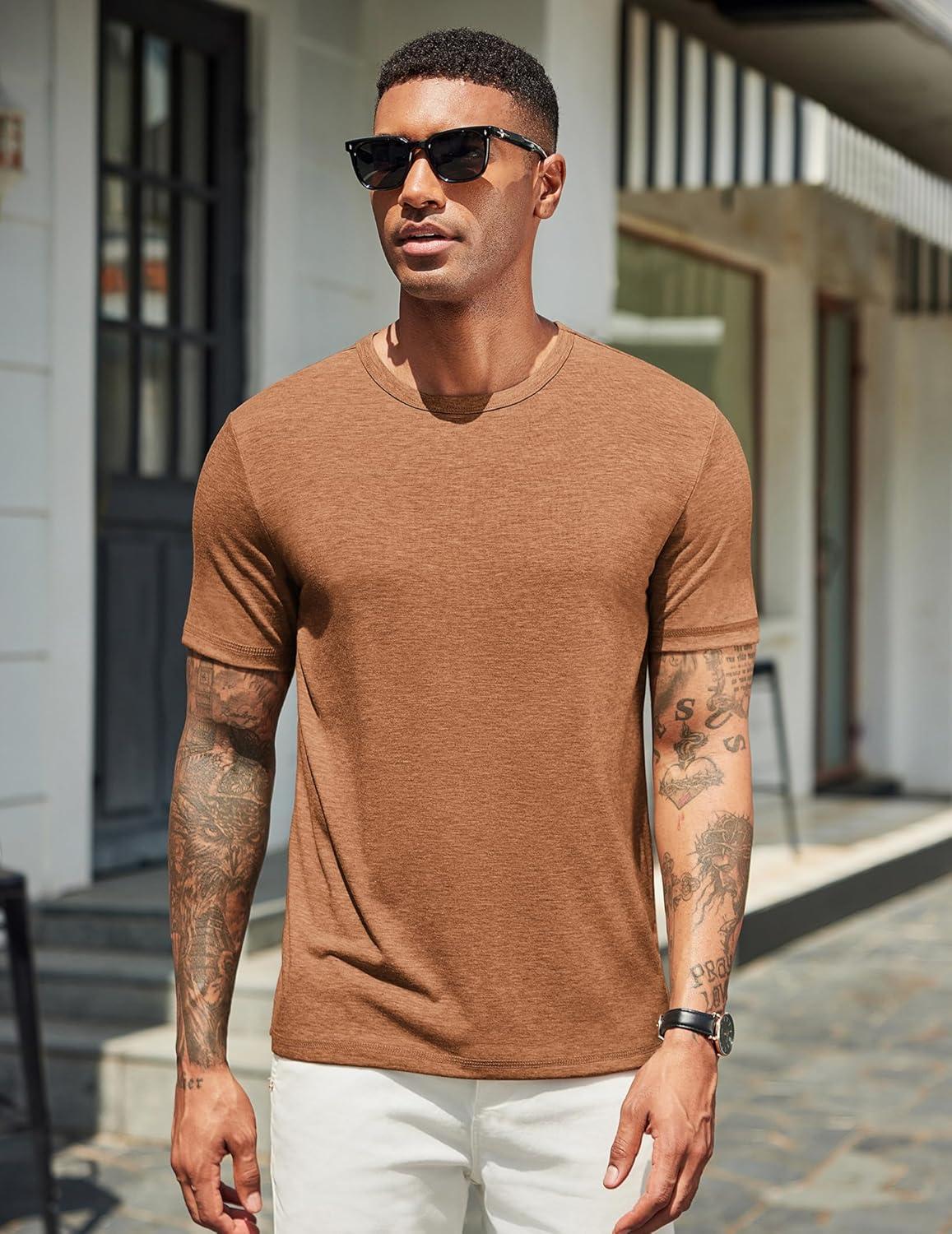 imageCOOFANDY Mens T Shirts Short Sleeve Soft Crew Neck Lightweight Tee Shirts Casual Summer Basic TopsCaramel