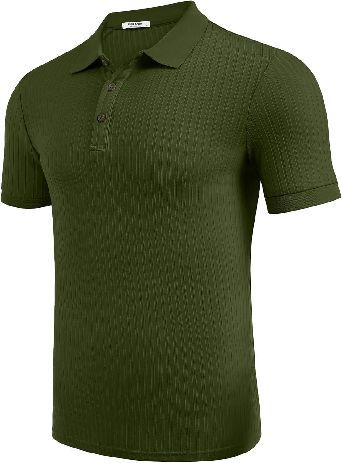 imageCOOFANDY Mens Textured Polo Shirts Short Sleeve Slim Fit Casual Button Polo TShirt Summer Collared Golf ShirtArmy Green