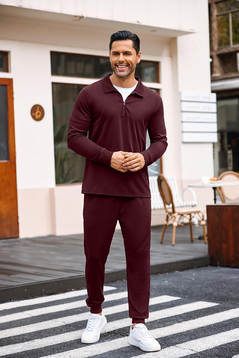 imageCOOFANDY Mens Tracksuit 2 Piece Quarter Zip Polo Athletic Sweatsuits Casual Running Jogging Sport Suit SetsWine Red