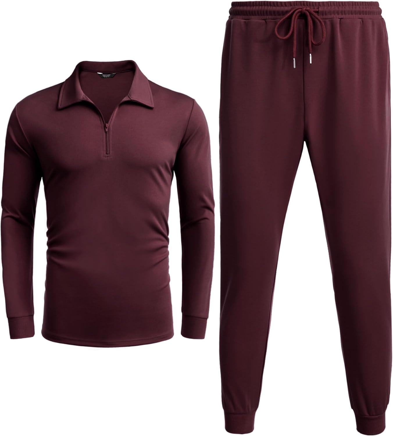 imageCOOFANDY Mens Tracksuit 2 Piece Quarter Zip Polo Athletic Sweatsuits Casual Running Jogging Sport Suit SetsWine Red