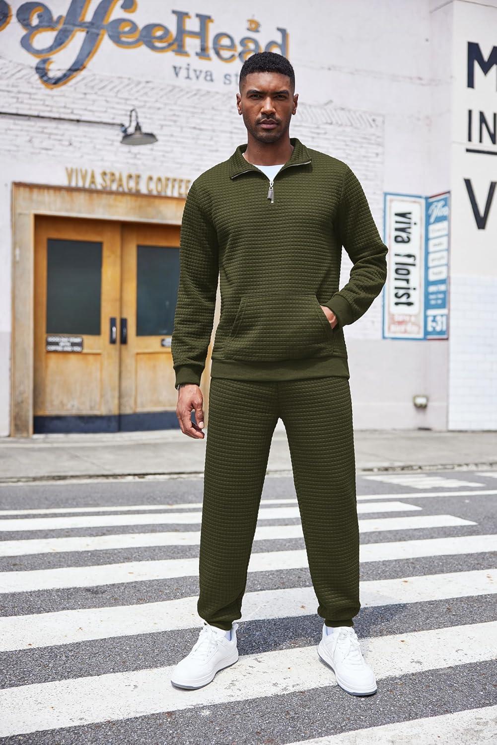 imageCOOFANDY Mens Tracksuit 2 Piece Quarter Zip Sweatsuit Workout Plaid Jacquard Jogging Suit SetArmy Green