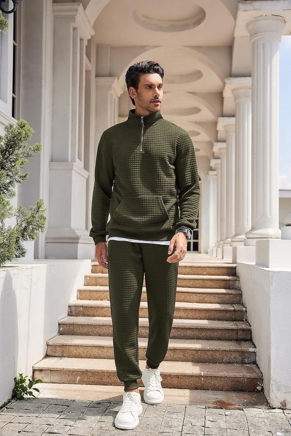imageCOOFANDY Mens Tracksuit 2 Piece Quarter Zip Sweatsuit Workout Plaid Jacquard Jogging Suit SetArmy Green