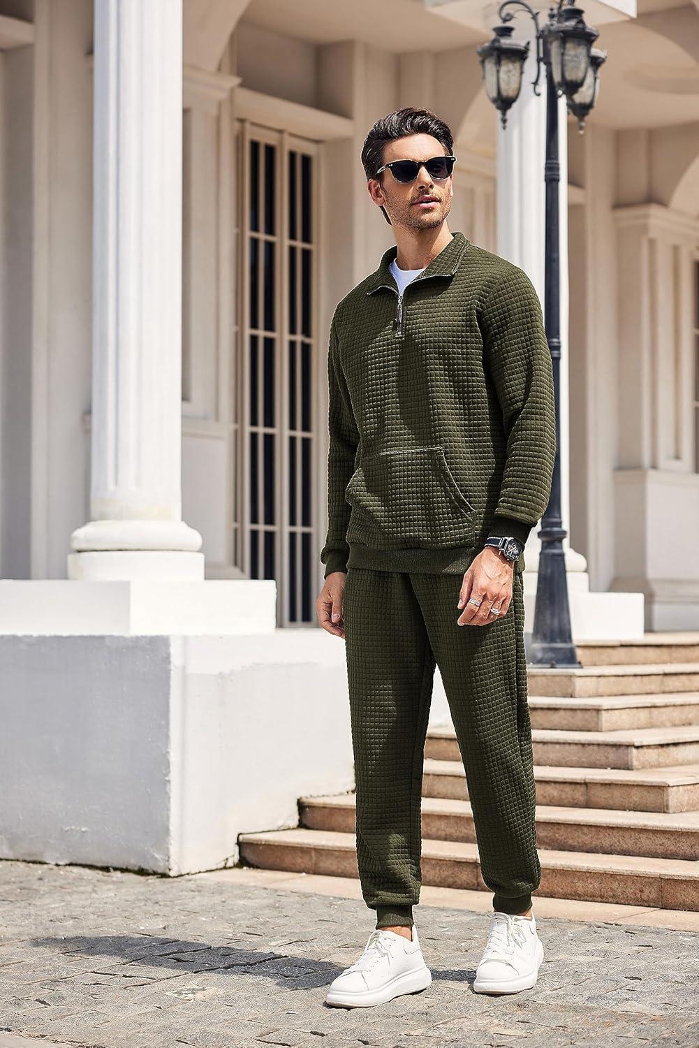 imageCOOFANDY Mens Tracksuit 2 Piece Quarter Zip Sweatsuit Workout Plaid Jacquard Jogging Suit SetArmy Green