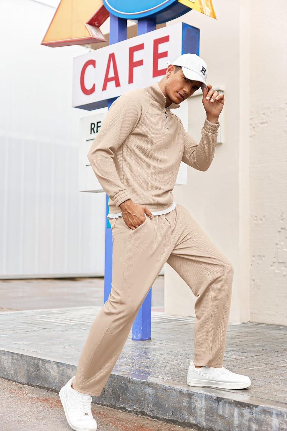 imageCOOFANDY Mens Tracksuit 2 Piece Relaxed Fit Halfzip Sweatsuits Athletic Running Jogging Suit SetsLight Khaki