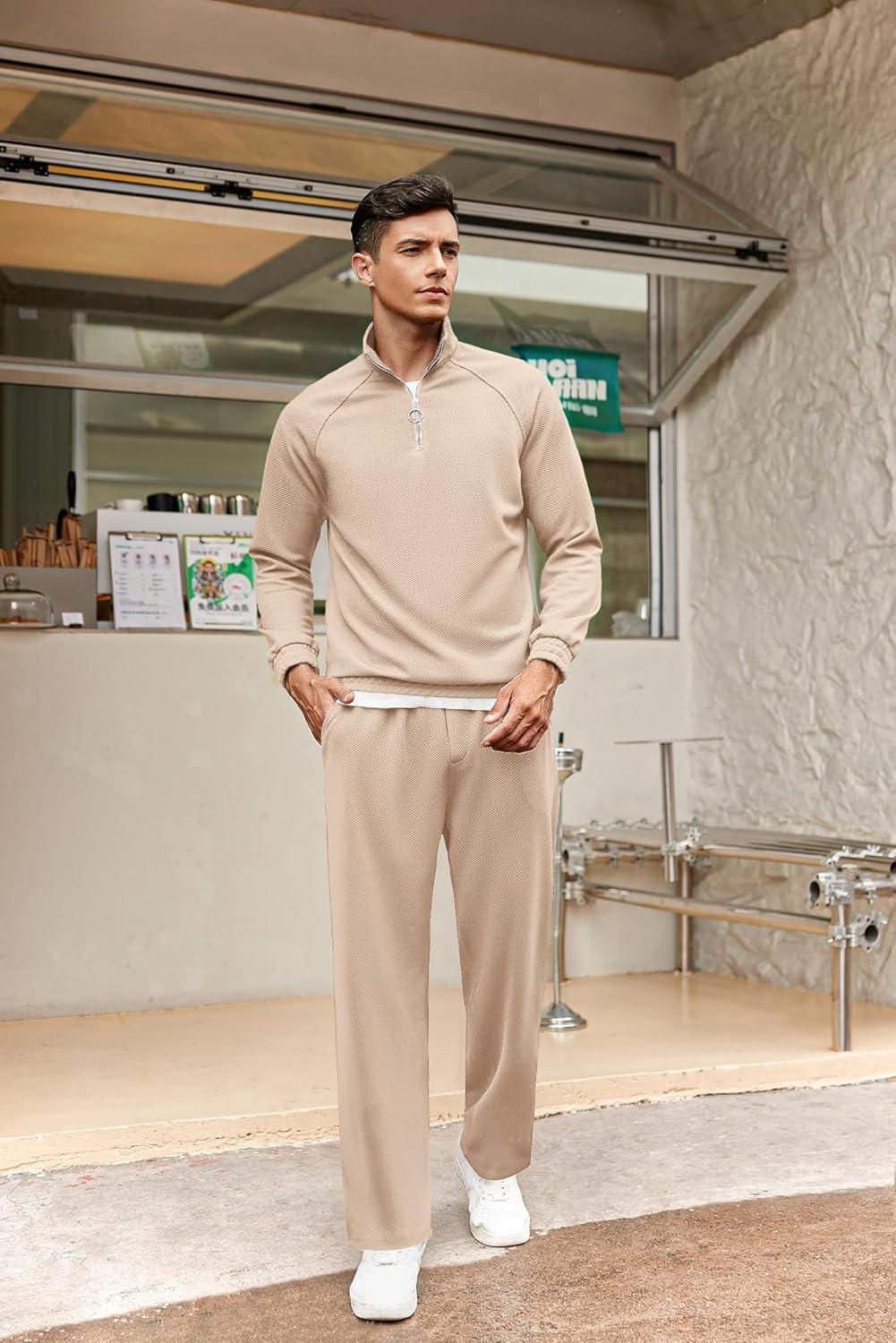 imageCOOFANDY Mens Tracksuit 2 Piece Relaxed Fit Halfzip Sweatsuits Athletic Running Jogging Suit SetsLight Khaki