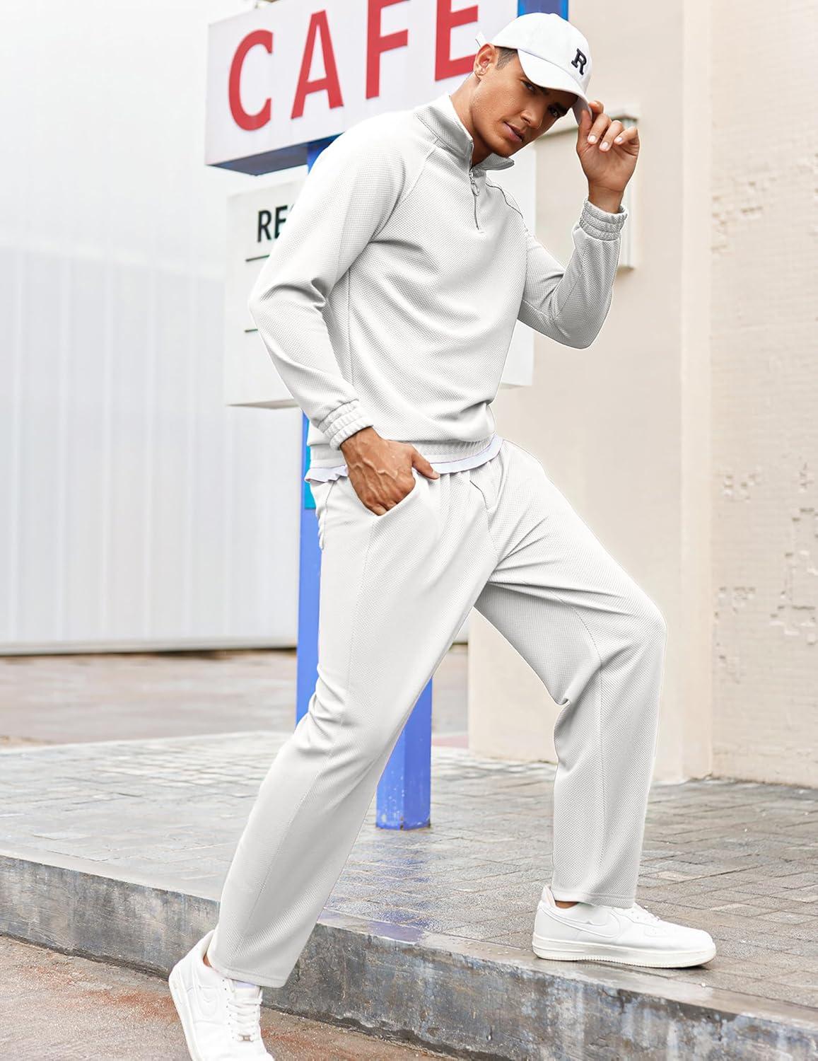 imageCOOFANDY Mens Tracksuit 2 Piece Relaxed Fit Halfzip Sweatsuits Athletic Running Jogging Suit SetsWhite