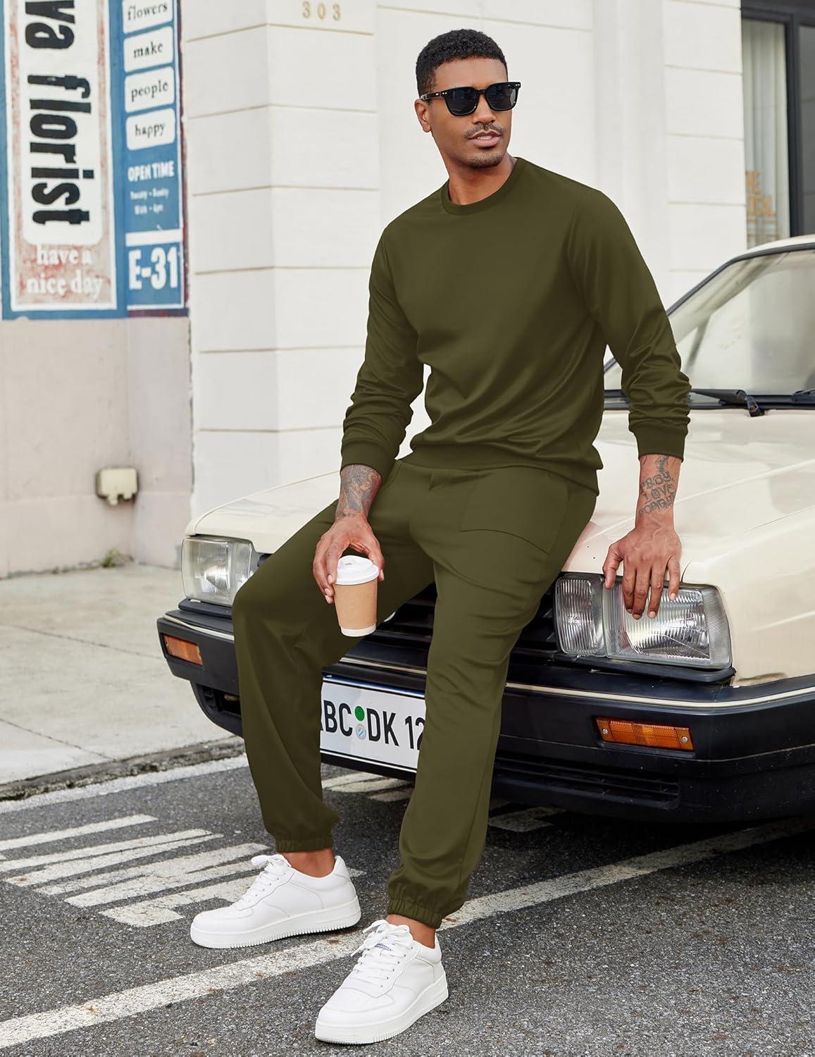 imageCOOFANDY Mens Tracksuit 2 Piece Sweatsuit Set Long Sleeve Pullover Athletic Suit For Sports Casual Fitness JoggingStyle Barmy Green