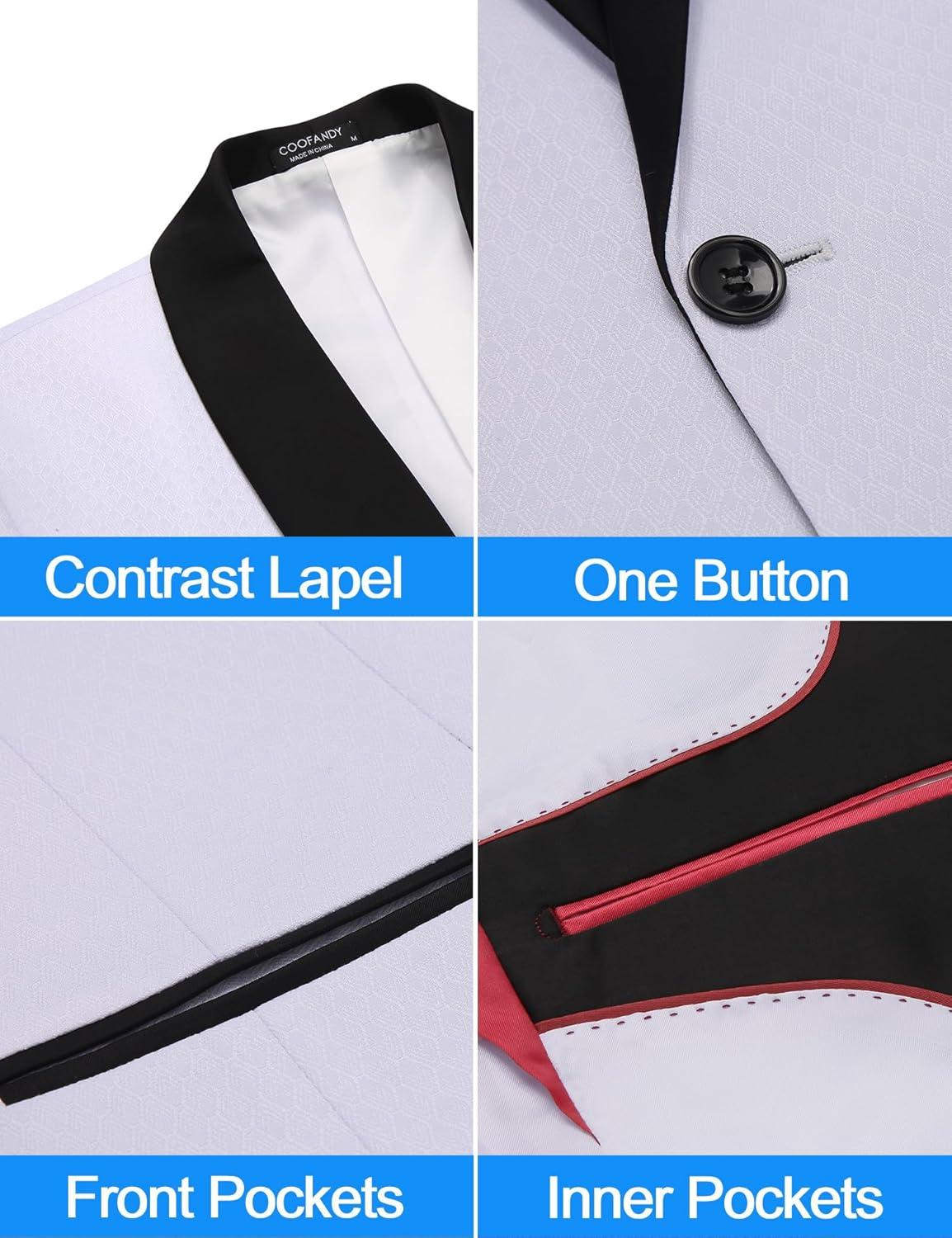 imageCOOFANDY Mens Tuxedo Jacket One Button Dress Suit Blazer Jacket for Wedding Dinner Prom PartyWhitejacquard