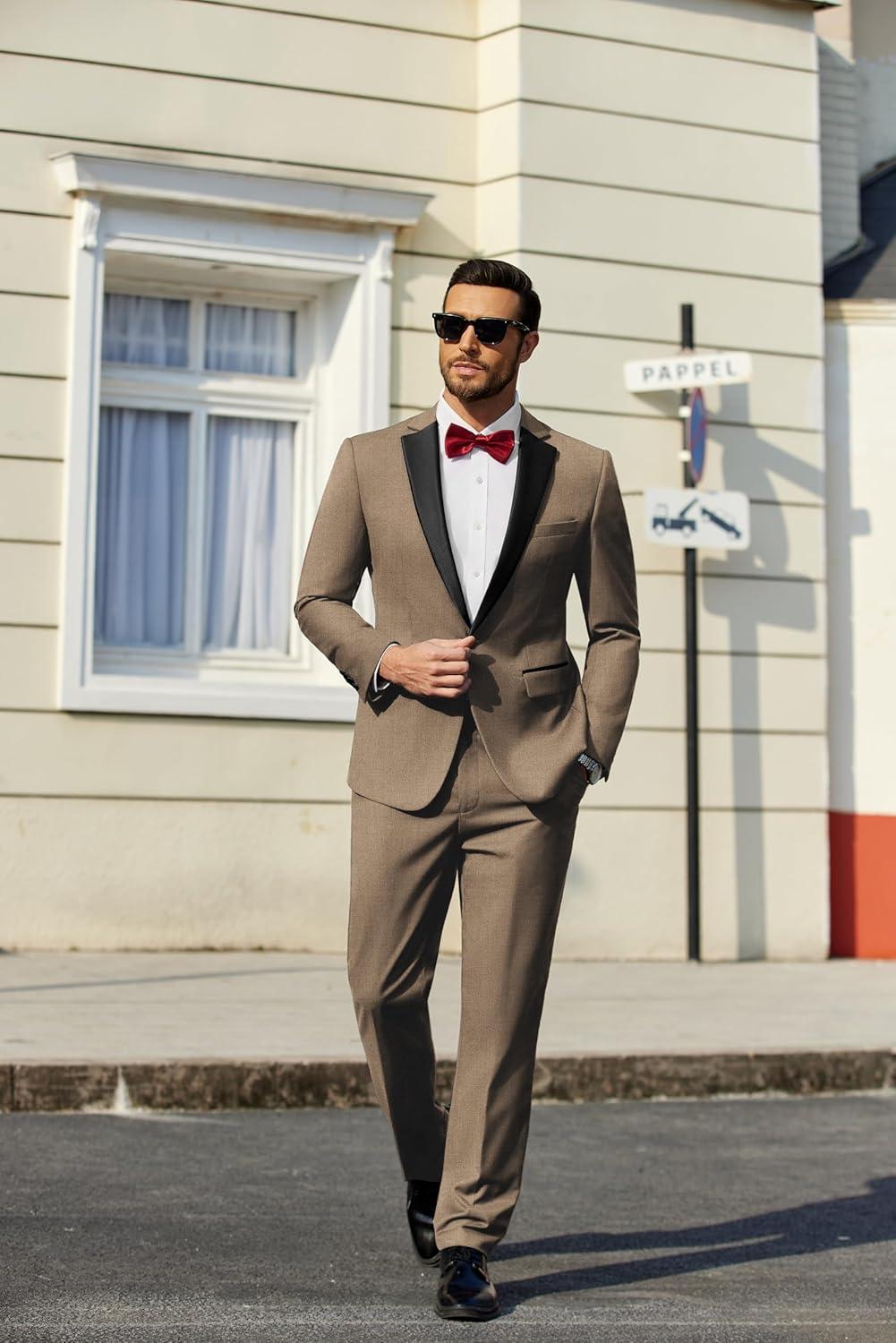 imageCOOFANDY Mens Tuxedo Suit Set Slim Fit 2 Piece One Button Christmas Blazer Jacket Pants for WeddingDinnerPromKhaki