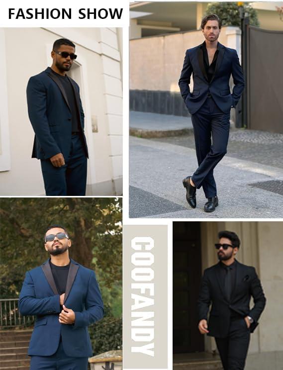 imageCOOFANDY Mens Tuxedo Suit Set Slim Fit 2 Piece One Button Christmas Blazer Jacket Pants for WeddingDinnerPromKhaki