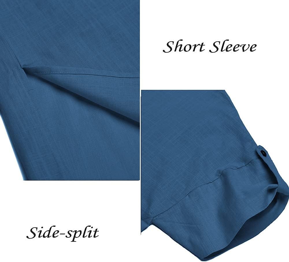 imageCOOFANDY Mens VNeck Linen Robe Short Sleeve Kaftan Thobe Long Gown Casual Shirt for Beach SummerBlue